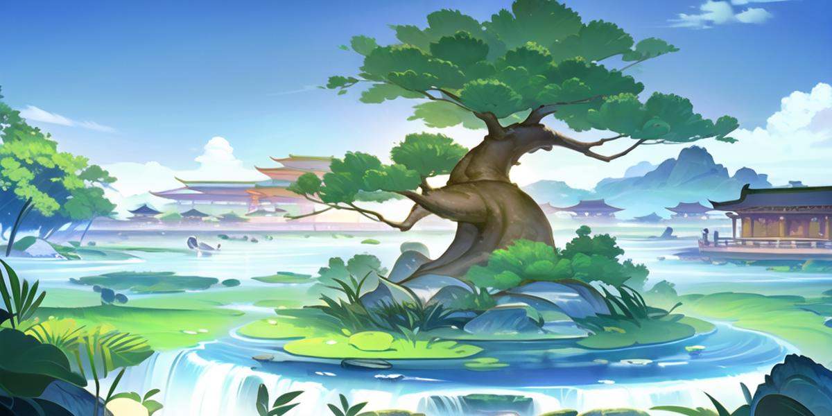 <lora:gmic icon_changjibngv2-000016:1>,gmic icon_\(sence\), a painting of a waterfall with a tree in the middle of it and a building in the background with a pagoda in the background, bird, bridge, cloud, day, facing away, fantasy, lake, mountain, outdoors, river, scenery, sky, sunlight, sword, tree, water, waterfall, weapon