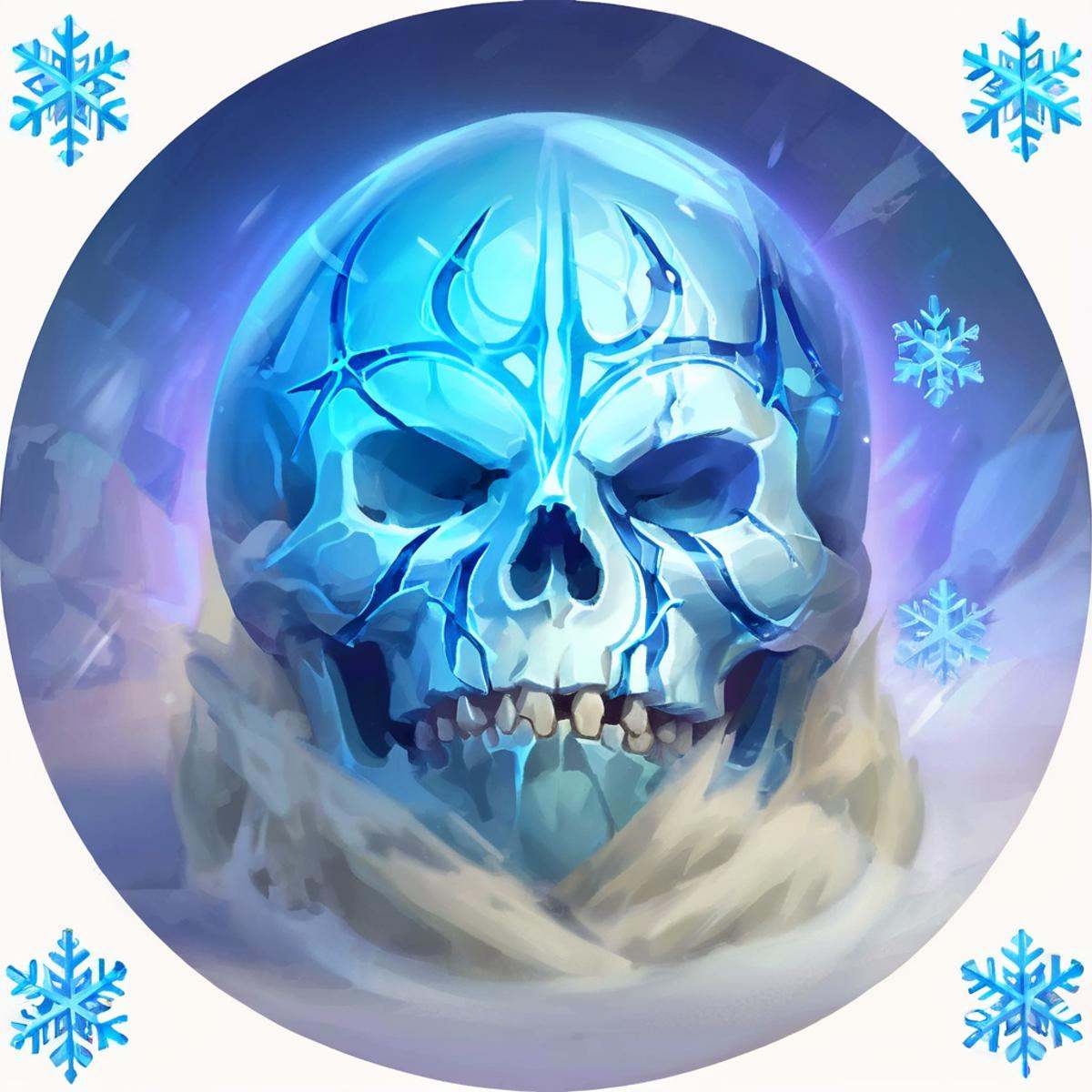 skill icon, a blue and white skull with snowflakes around it and a blue circle with snowflakes around it, solo, no humans, skull, blue background, ice, snowflakes, round image, Blue series,<lora:gmic icon_skill icon:1>,