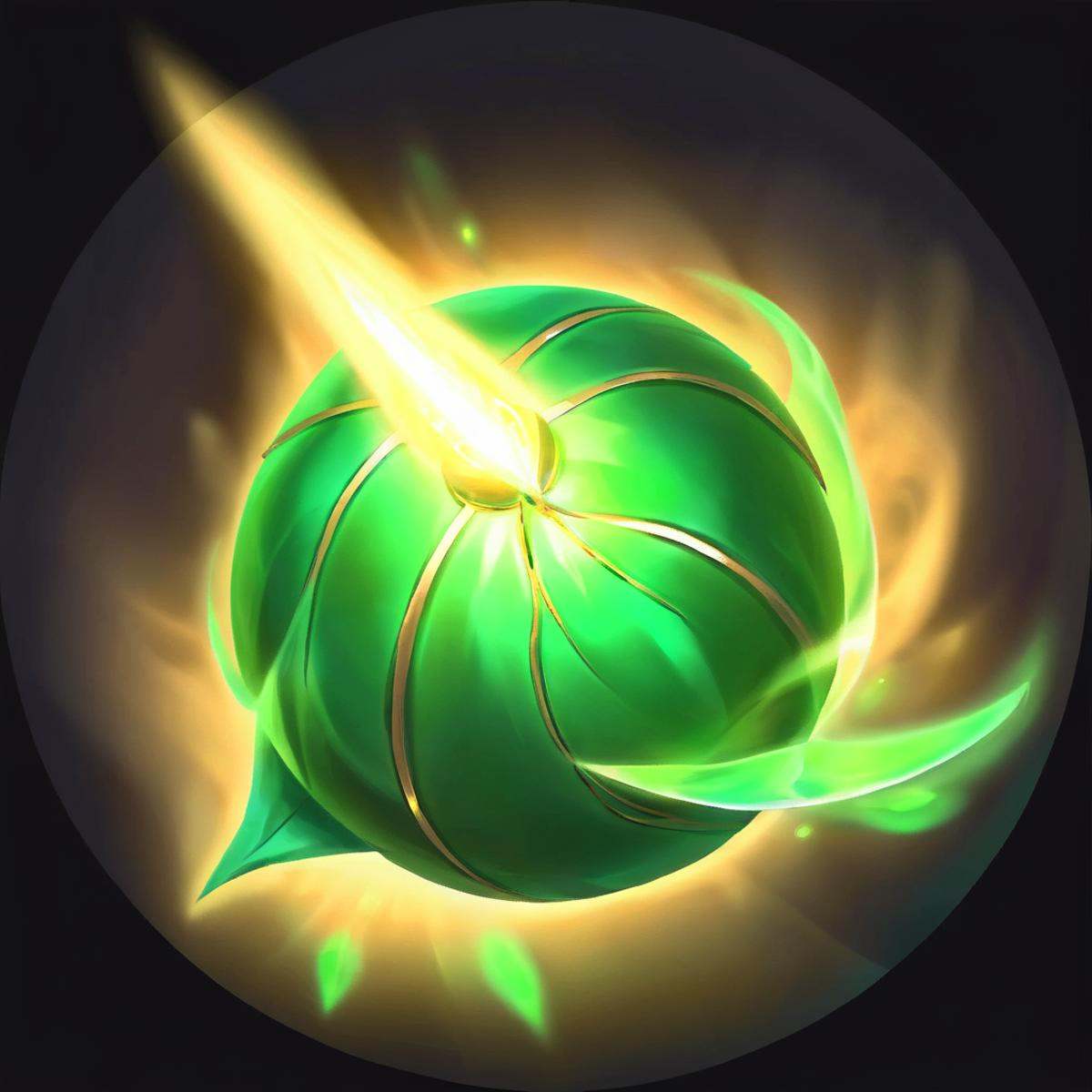 tx3 \(icon\), Green series, There is a glowing green ball on a black background with a leaf in the middle, from which light radiates, green background, green theme, light, light rays, sparkle, sparkle background,<lora:gmic icon_skill icon:1>,