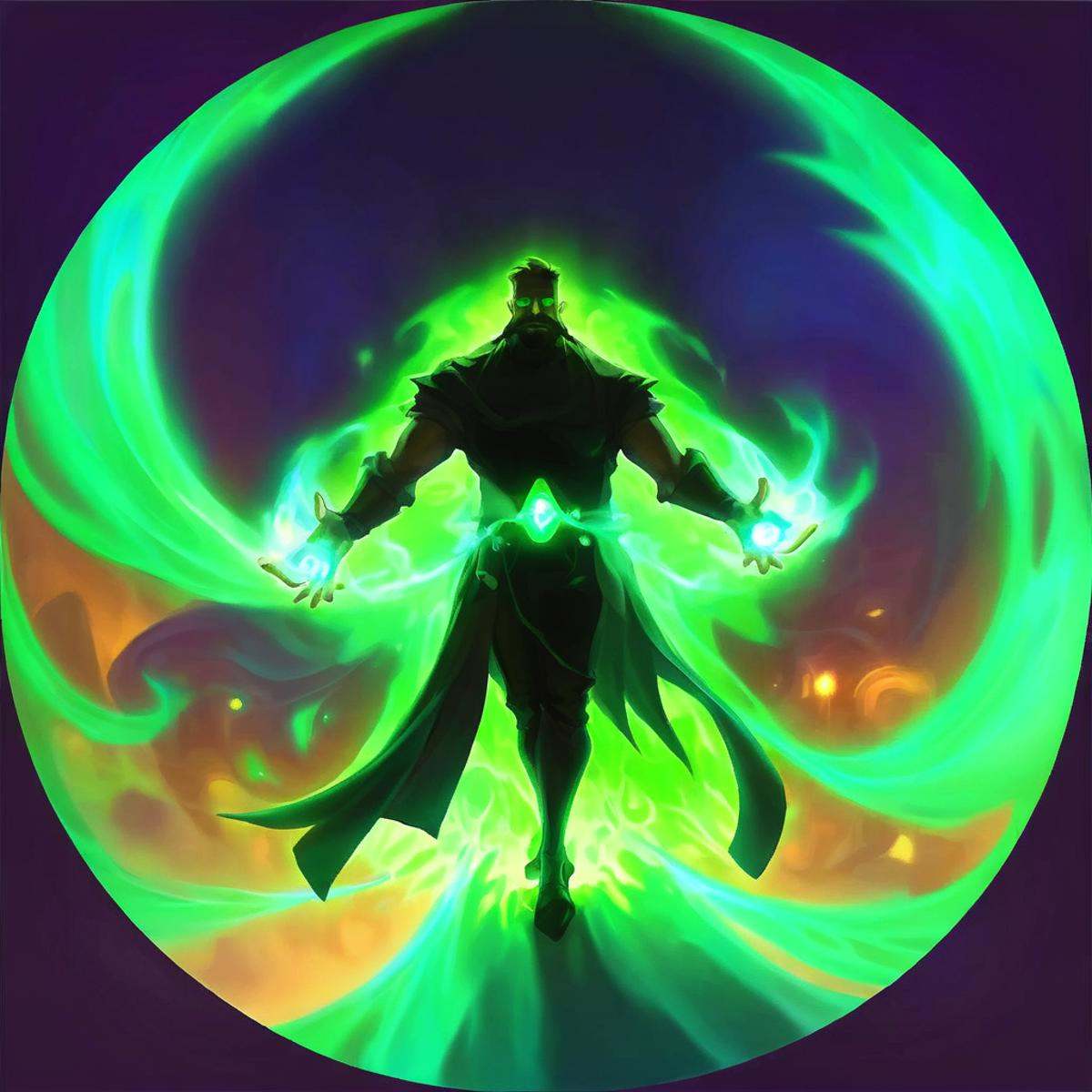 tx3 \(icon\),There is a cartoon image of a man in a black dress surrounded by green light,Green series,aura,blue fire,glowing,silhouette,solo,<lora:gmic icon_skill icon:1>,