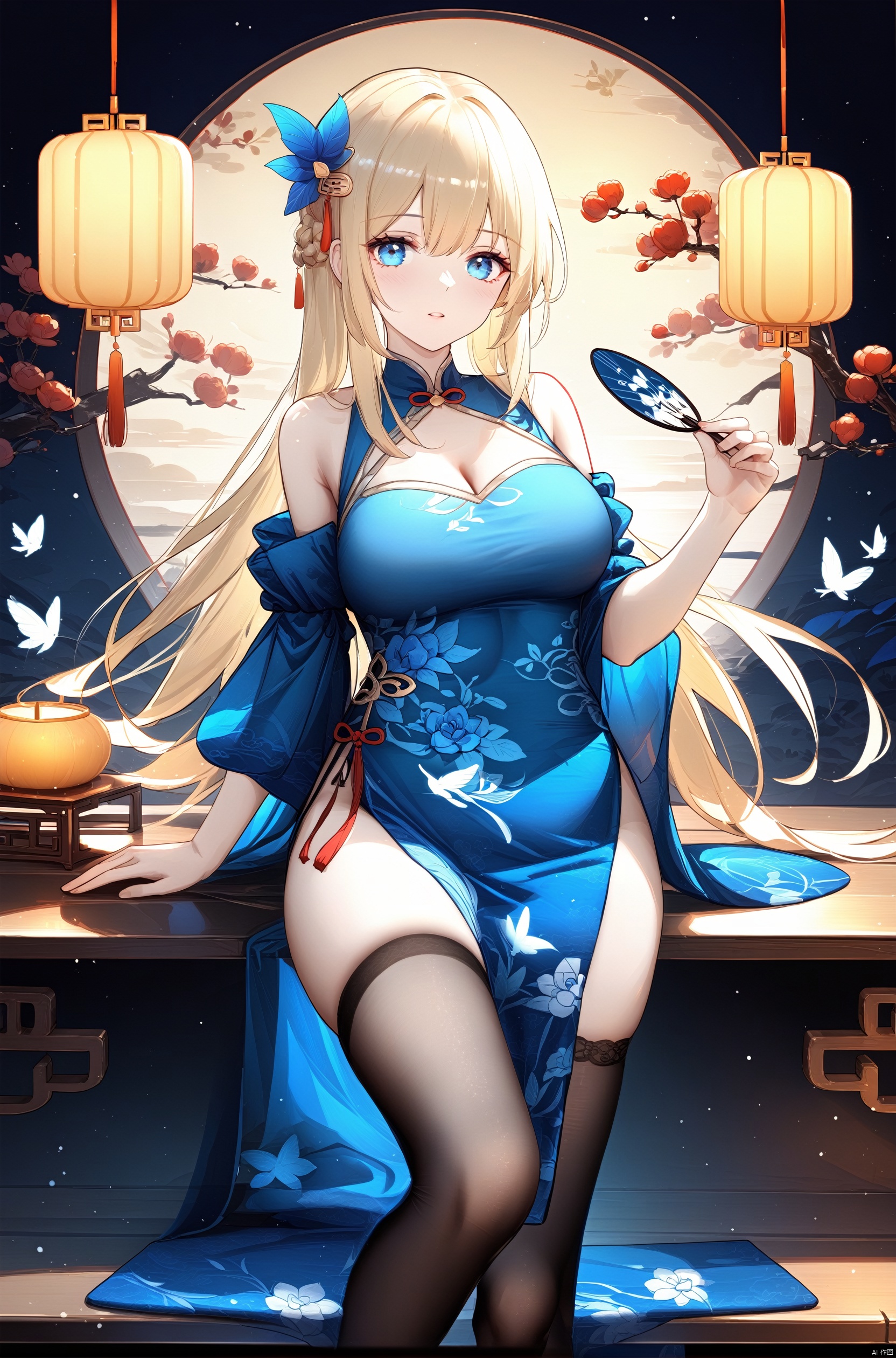 masterpiece,best quality,masterpiece,best quality,

lexington,mid-autumn costume,1girl,solo,long hair,blue hair ornament,looking at viewer,breasts,blue eyes,blonde hair,large breasts,thighhighs,dress,hand fan,chinese clothes,flower,cleavage,blue dress,bare shoulders,china dress,holding fan,black thighhighs,white chests of dress,

BREAK fine fabric emphasis,best quality,masterpiece,best quality,amazing quality,very aesthetic,absurdres,best quality,amazing quality,very aesthetic,absurdres,Highly detailed,best quality,masterpiece,Highly detailed,
