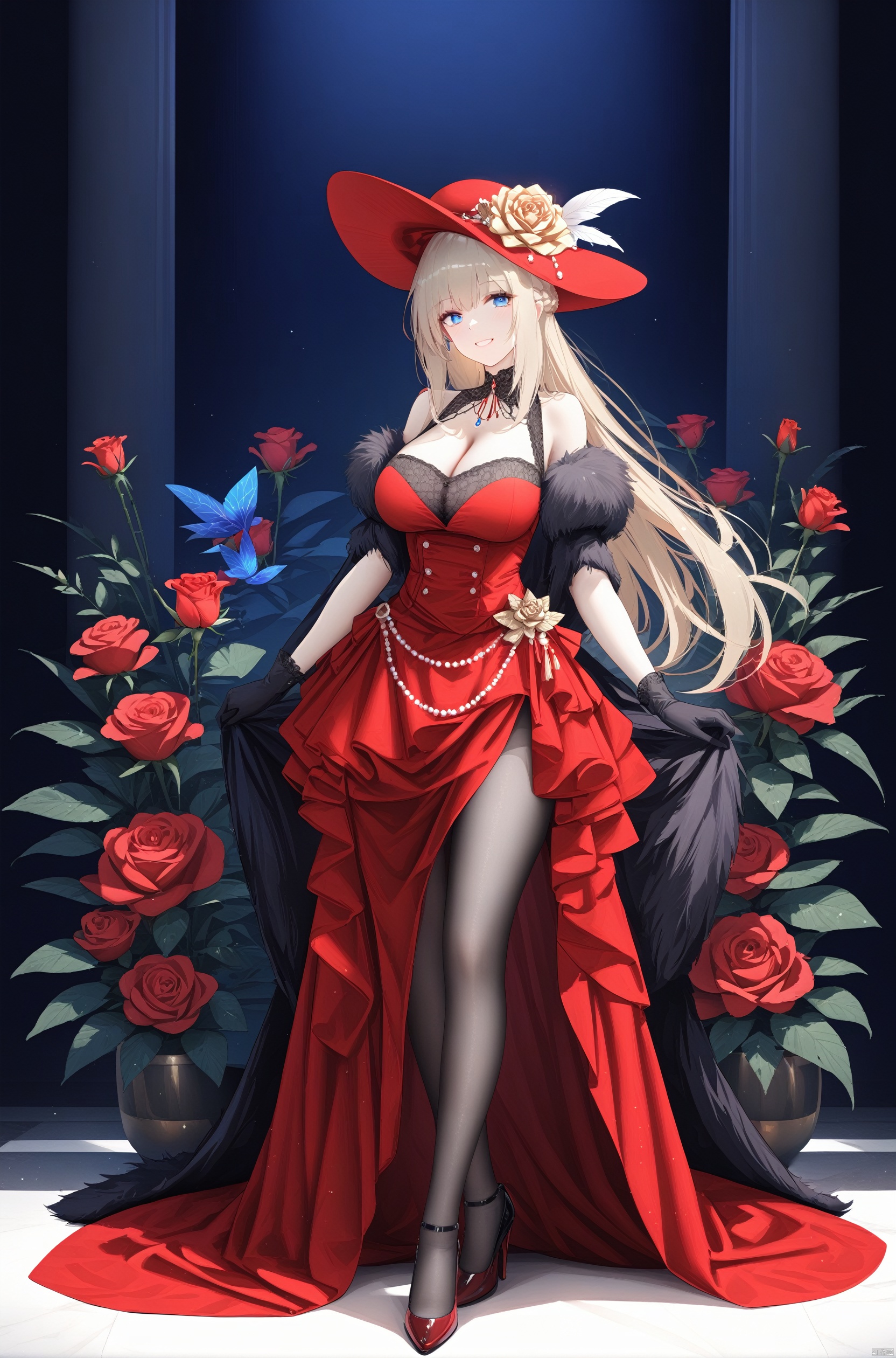 masterpiece,best quality,masterpiece,best quality,

lexington,drama costume,1girl,solo,long hair,hair ornament,looking at viewer,breasts,blue eyes,blonde hair,large breasts,hat,flower,high heels,dress,fur trim,pantyhose,cleavage,gloves,red flower,rose, bare shoulders,hat flower,full body,fishnets,red dress,smile,

BREAK fine fabric emphasis,best quality,masterpiece,best quality,amazing quality,very aesthetic,absurdres,best quality,amazing quality,very aesthetic,absurdres,Highly detailed,best quality,masterpiece,Highly detailed,