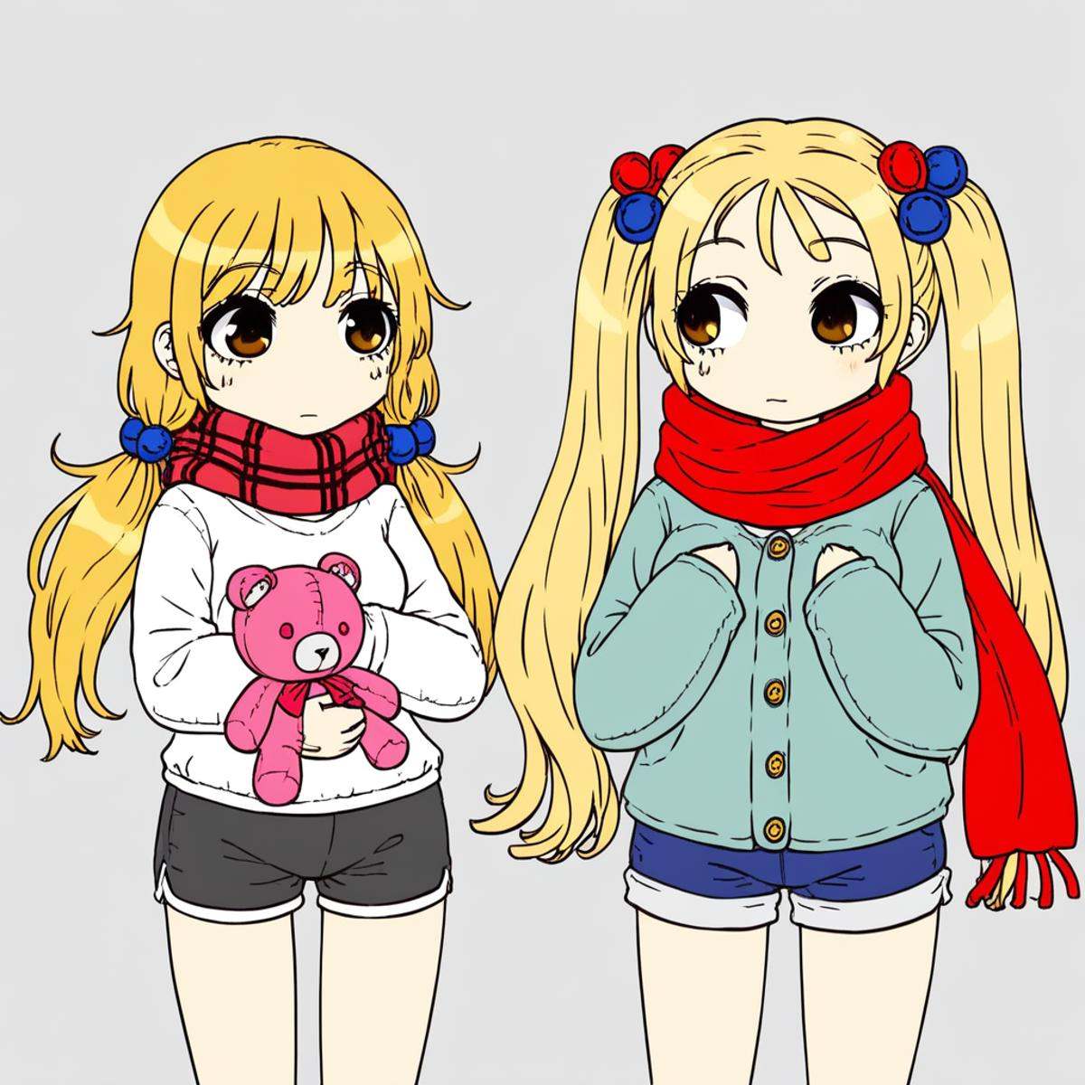 there are two doll like figures side by side that are standing or sitting next to a group of stuffed animals,  1girl,  blo...