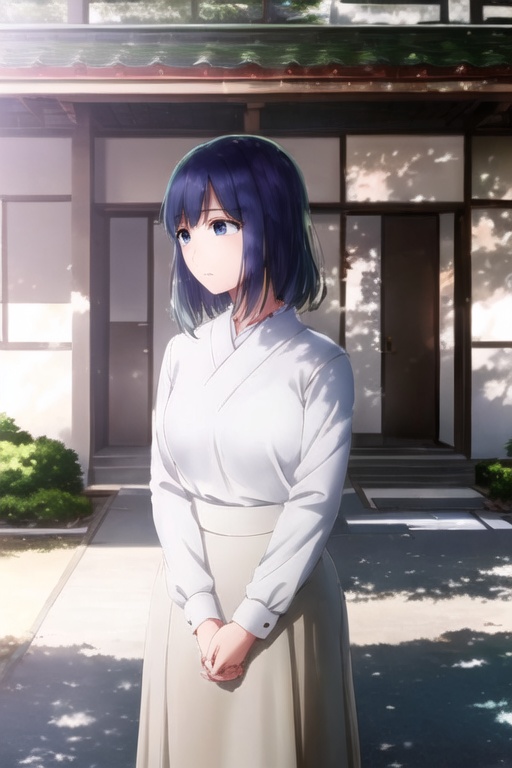 A serene afternoon scene: Akane Kurokawa stands proudly outside a traditional Japanese school building,  dressed in her cr...