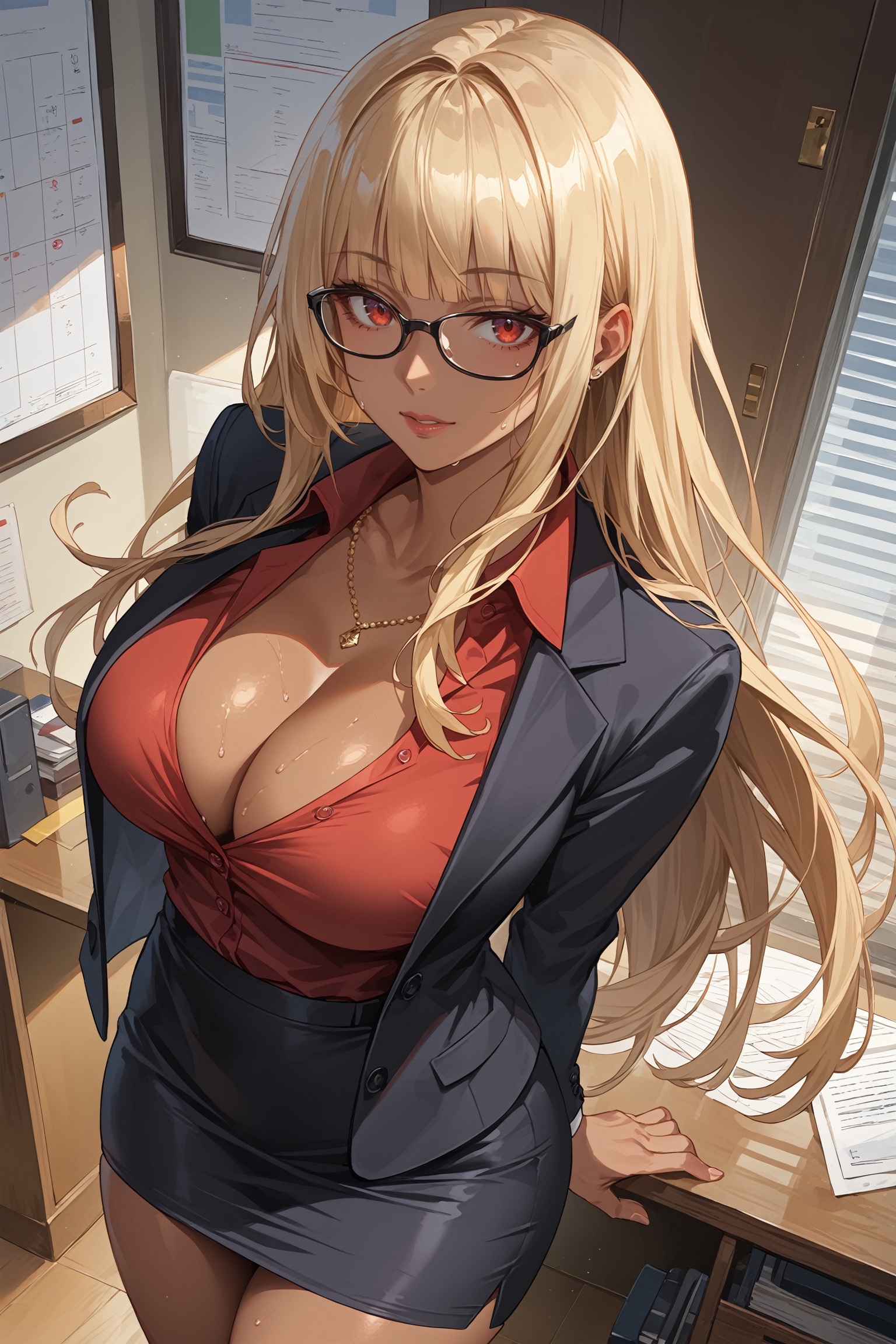 score_9, score_8_up, score_7_up, masterpiece, best quality, absurdres, very aesthetic, source_anime, detailed illustration, 8k UHD, (detailed background:1.1), from above, office lady, 1girl, solo, looking at viewer, tan skin, blond hair, long hair, hime_cut, red eyes, thighs, thick thighs, ((hands behind her back:1.1)), sweat, cleavage, voloptuous, curvy body, glasses, black jacket, red shirt, standing, black pencil skirt, portrait, cowboy shot, indoors, daylight