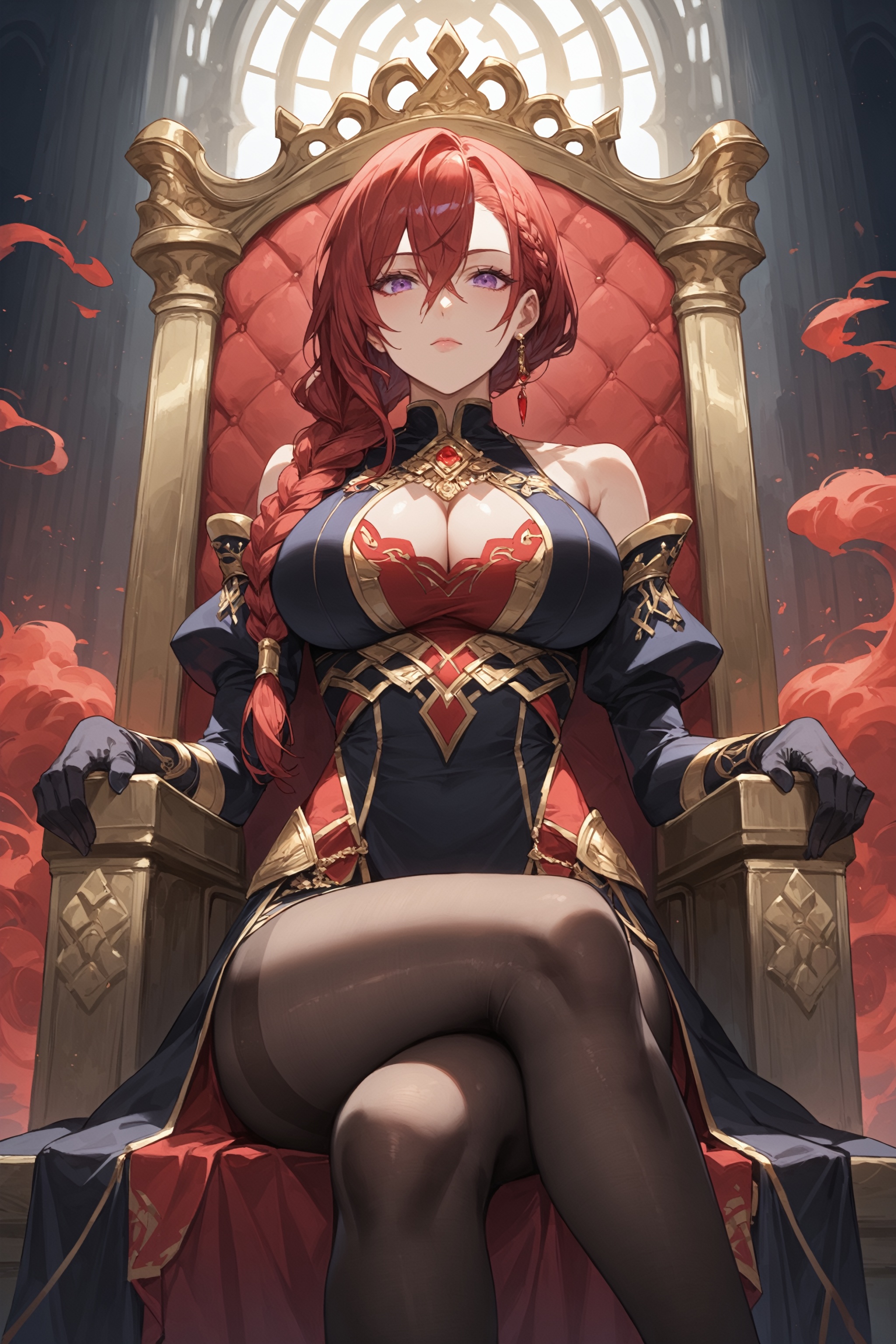 score_9, score_8_up, score_7_up, masterpiece, best quality, absurdres, very aesthetic, source_anime, detailed illustration, 8K UHD, front view, close up, ((from below angle:1.2)), ((the red queen)),

1girl, solo, looking at viewer, red hair, long hair, single braided hair, hair over shoulder, hair between eyes, purple eyes, big breasts, closed mouth, emotionless, bare shoulder, black dress, intricate dress, red jewelry, royal dress, side cut dress, black pantyhose, sleeveless, sitting, crossed legs, black arms sleeve, cleavage cutout, black gloves,

BREAK, throne, dark background, overhead lighting, fantasy themed, particle effects, shadows depth, depth of field, ((complex background, detailed background:1.1)), ((red smoke swirls around her:1.1)), ethereal, subtle vibrance, high contrast, balanced composition