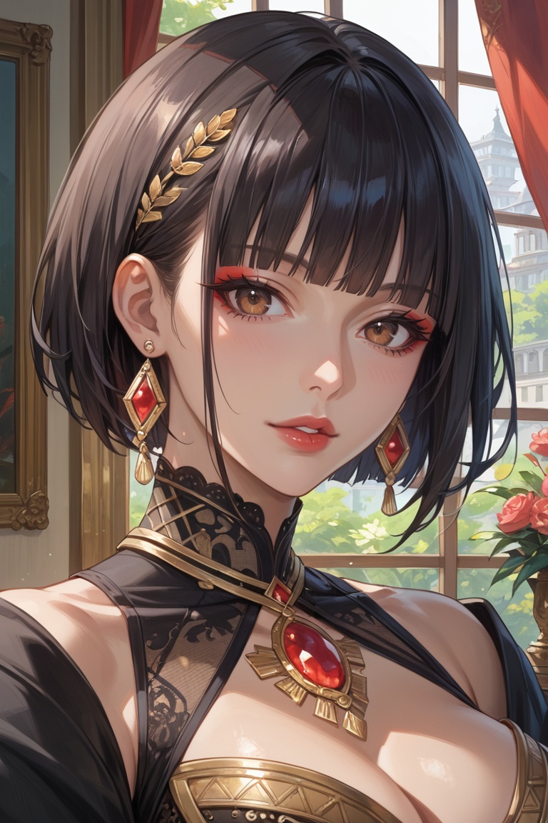 score_9, score_8_up, score_7_up, masterpiece, best quality, absurdres, very aesthetic, source_anime, detailed illustration, 8K UHD, close up, 
1girl, solo, looking at viewer, short hair, bangs, black hair, brown eyes, jewelry, upper body, earrings, parted lips, indoors, blunt bangs, black dress, makeup, ring, gem, red lips
