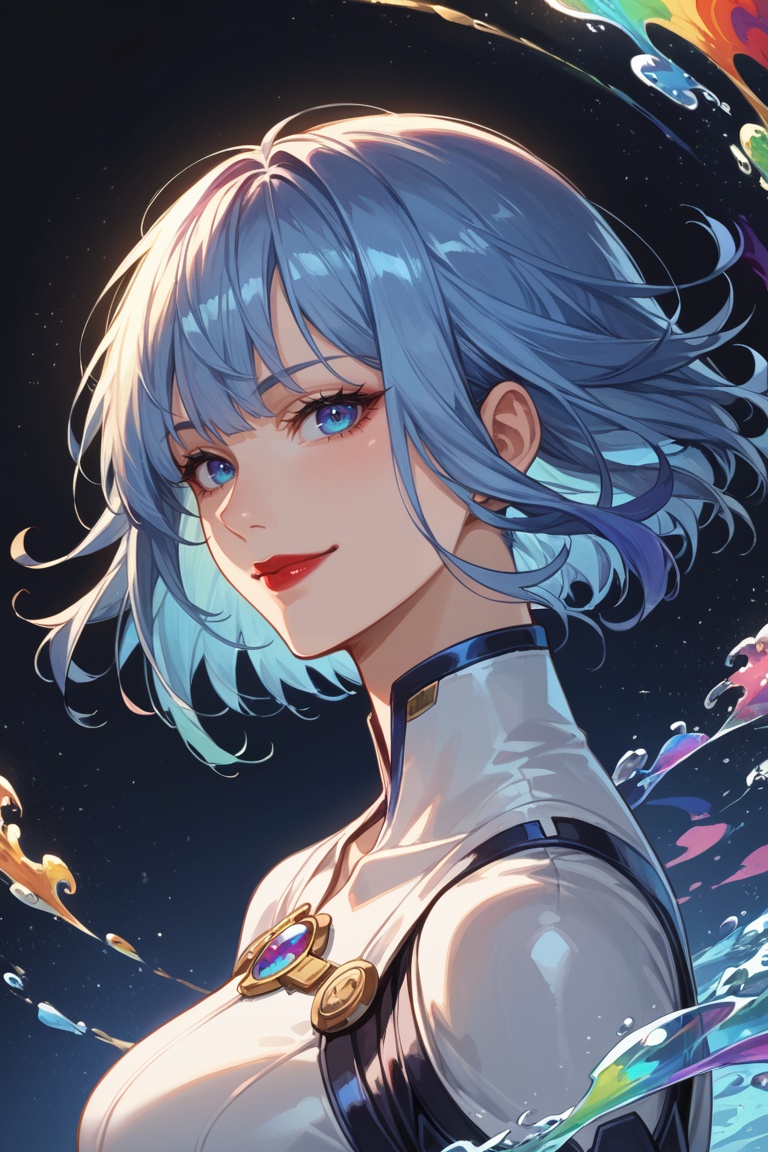 score_9, score_8_up, score_7_up, masterpiece, best quality, absurdres, very aesthetic, source_anime, detailed illustration, 8K UHD, (extremely hair detailed), side view, 1girl, solo, looking at viewer, blue hair, short hair, bob haircut, bangs, blue eyes, red lips, slight smile, closed mouth, flowing hair, windy, head tilted, makeup, ((white clothes with black lining on the edges:1.1)), bokeh, portrait, cyberpunk themed, close up, dark background, particle effects, ethereal light, balanced composition, vibrant, ((rainbow swirl water background:1.2))