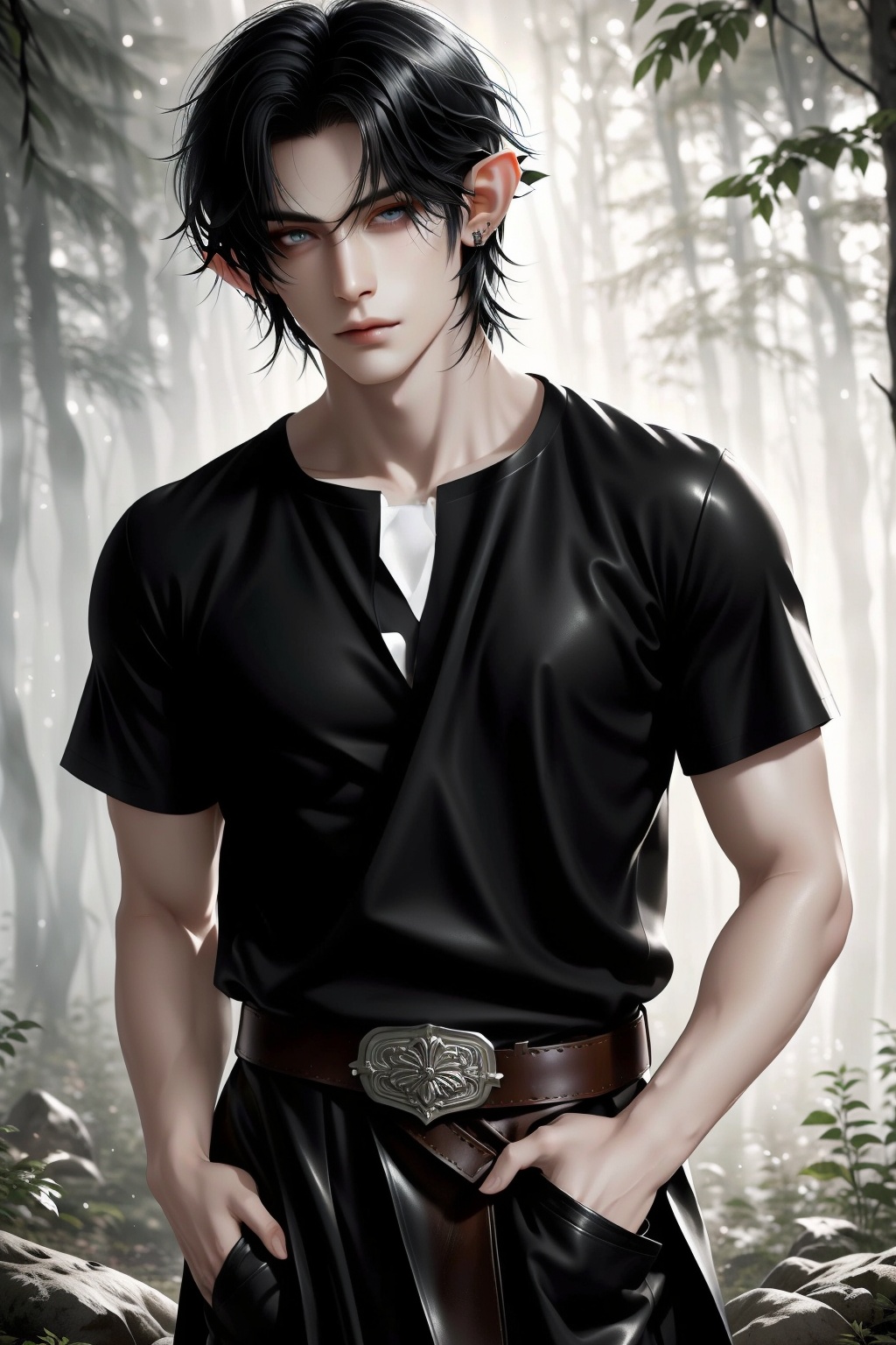 Elf boy with a dashing,  chiseled face and piercing eyes,  posed elegantly in front of a misty forest backdrop. Soft morni...