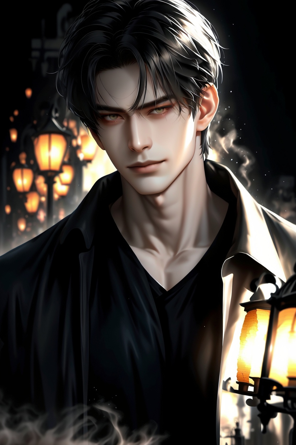 A moody nighttime landscape with a misty fog rolling in,  sets the stage for a brooding young man with chiseled features a...