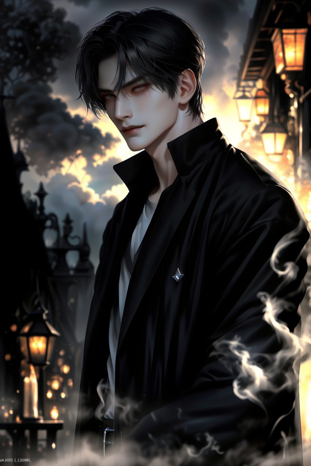 A moody nighttime landscape with a misty fog rolling in,  sets the stage for a brooding young man with chiseled features a...