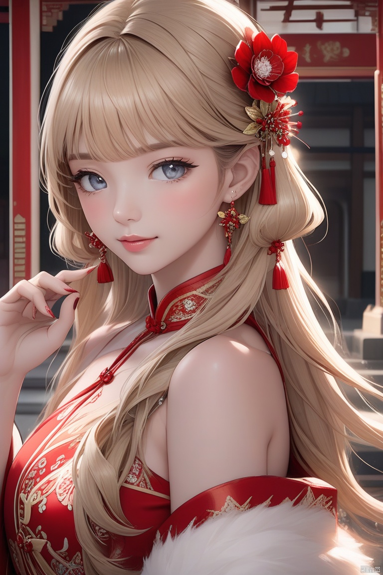 medium breasts:, upper body, masterpiece, top quality, official art, beautiful and aesthetic, 1girl, extreme detailed eyes, fractal art:1.3, highest detailed, perfect face, shiny skin, HDR, galaxy, light streaks, striking visuals, tutututu, see-through, cheongsam, cheongsam, tutututu, girl, red earrings, red jewelry, 1 girl, blonde hair, 1 girl, best quality,正常的手指,上半身,不露手指