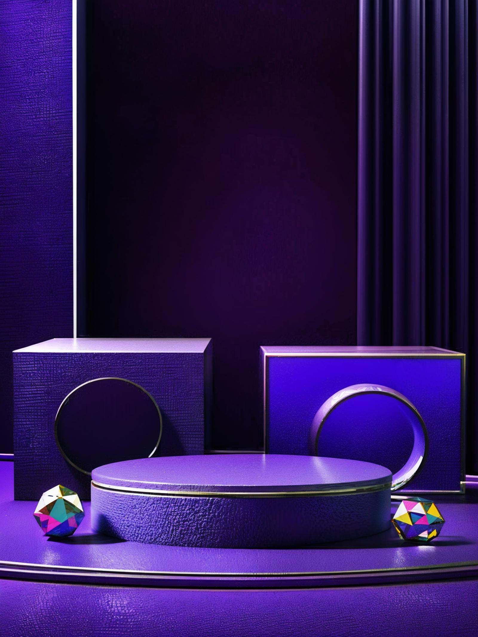 texture, HEZI, electronic mall scene, detail, rendering, no humans, plant, ball, indoors, table, still life, crystal, purple theme, cup, purple background, cube, chair, gem<lora:电商场景-000014:0.7>,