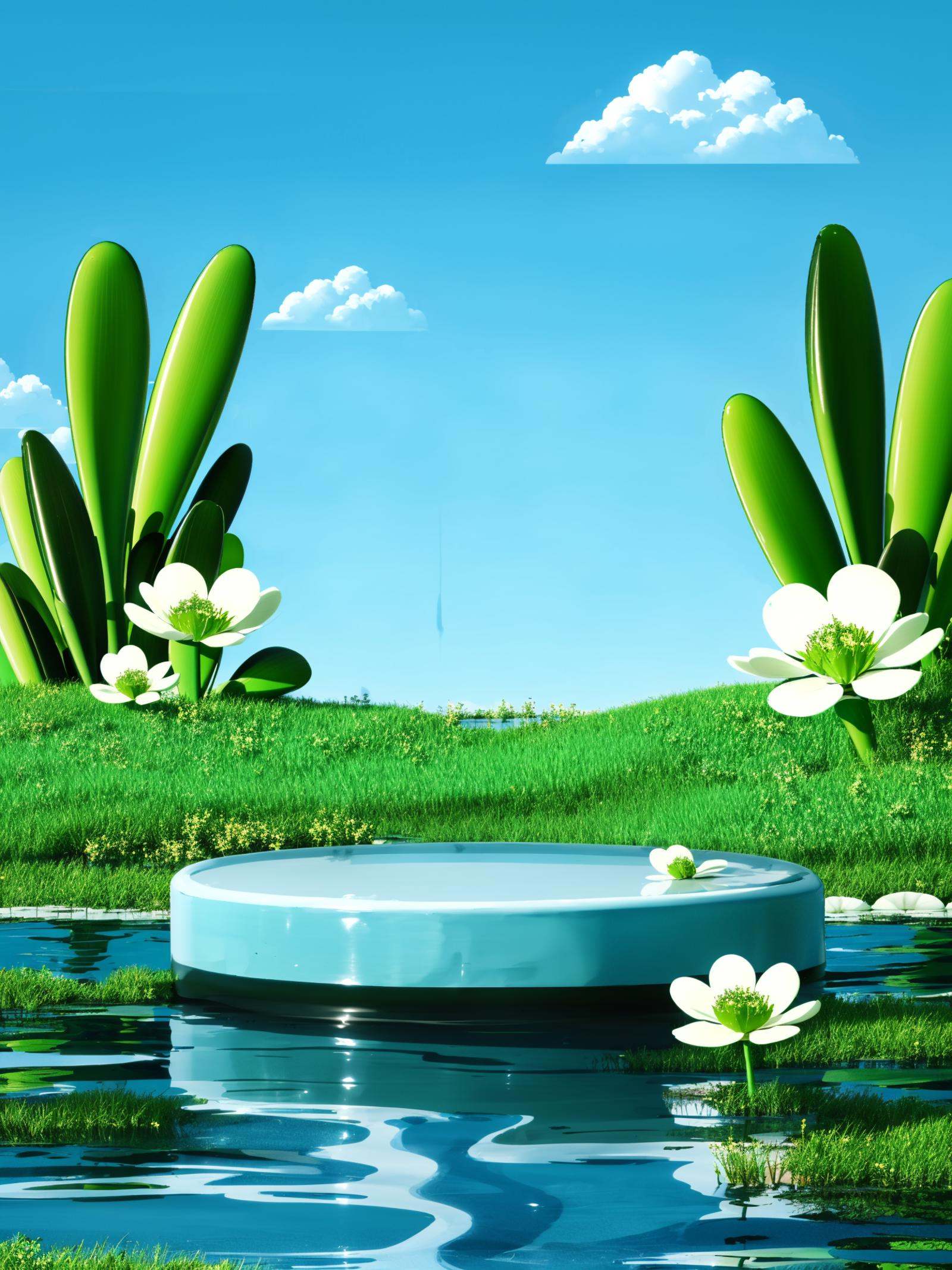 texture, HEZI, electronic mall scene, detail, rendering, no humans, flower, outdoors, sky, day, water, blue sky, plant, scenery, white flower, lily pad, cloud, pool, reflection, reflective water, leaf<lora:电商场景-000014:0.7>,