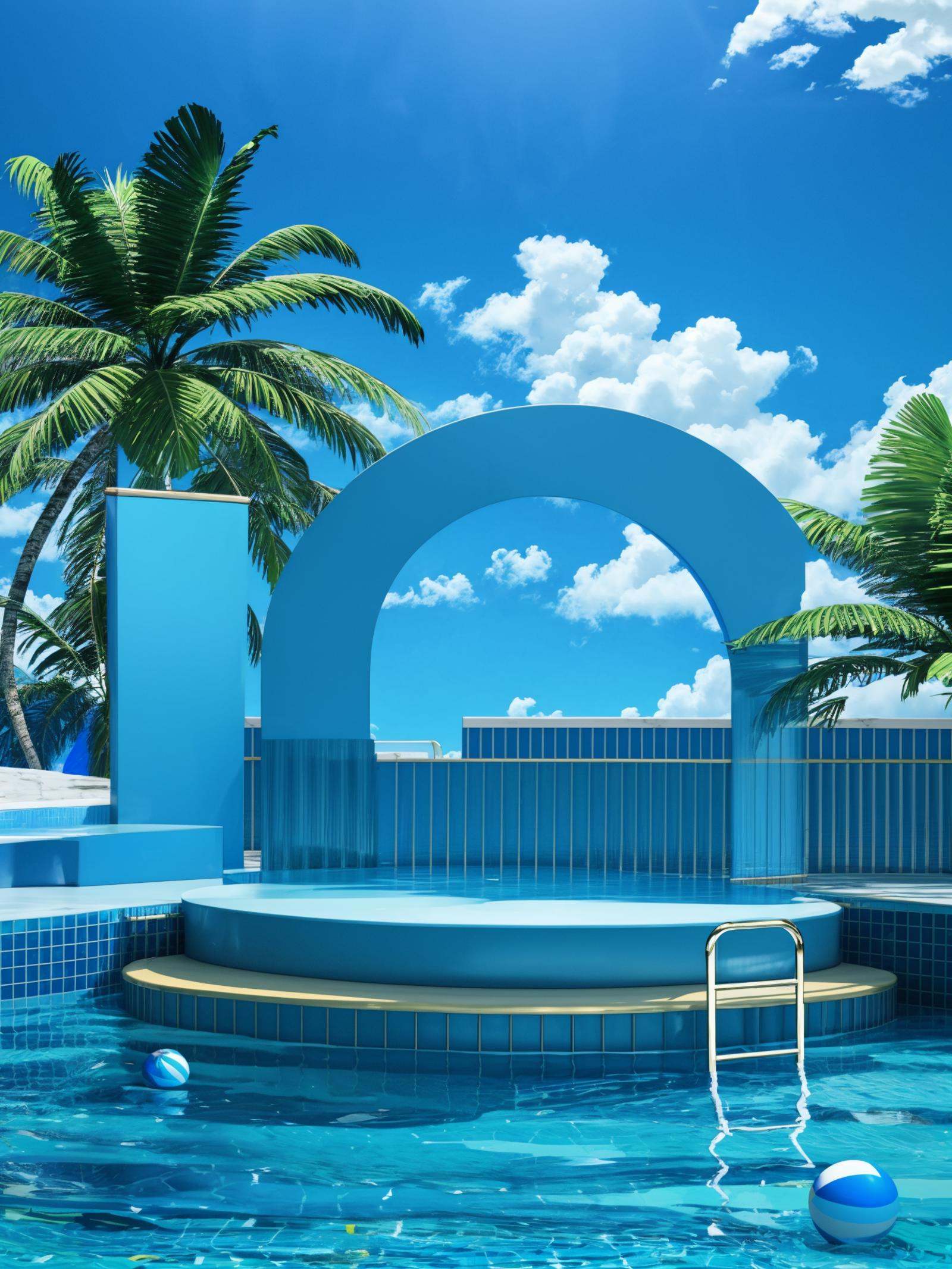 texture,HEZI,electronic mall scene,detail,rendering,no humans,cloud,scenery,sky,outdoors,tree,day,pool,water,pool ladder,ball,blue sky,cloudy sky,palm tree,beachball,innertube,chair,plant,<lora:电商场景-000014:0.7>,