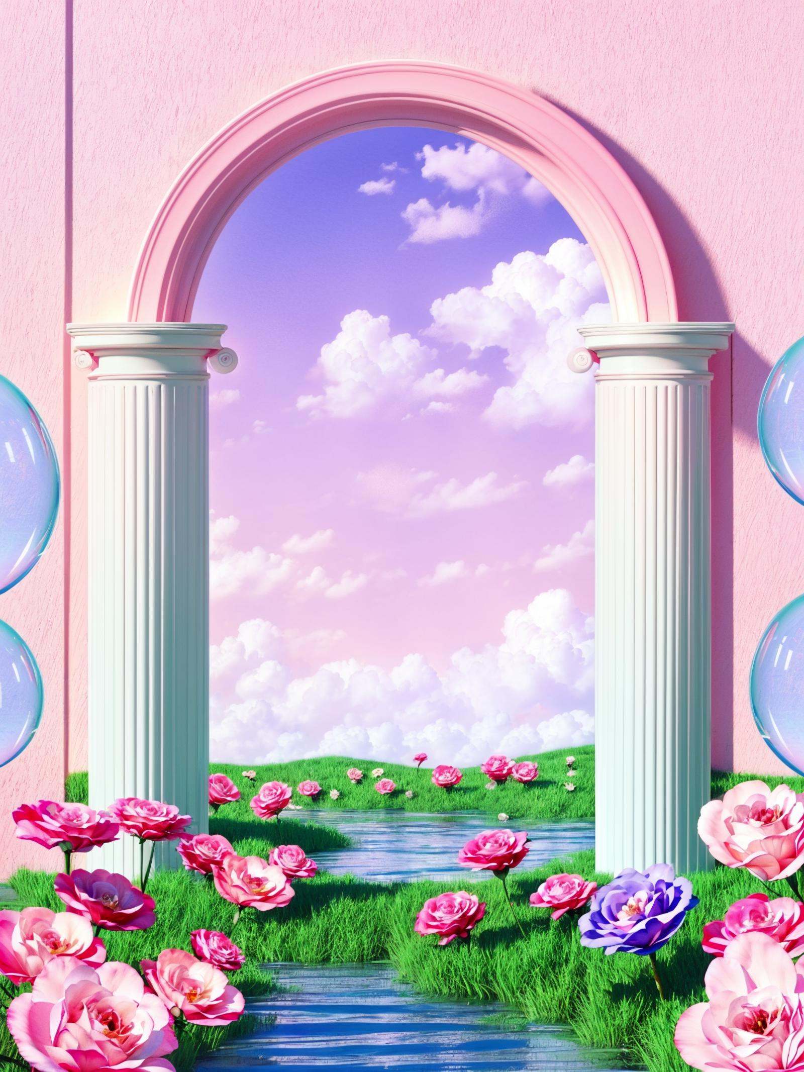 texture,HEZI,electronic mall scene,detail,rendering,no humans,flower,scenery,sky,pink flower,cloud,grass,blue sky,day,outdoors,pink theme,bubble,still life,pink background,cloudy sky,pillar,pink rose,water,rose,field,plant,red flower,leaf,gradient,<lora:电商场景-000014:0.7>,