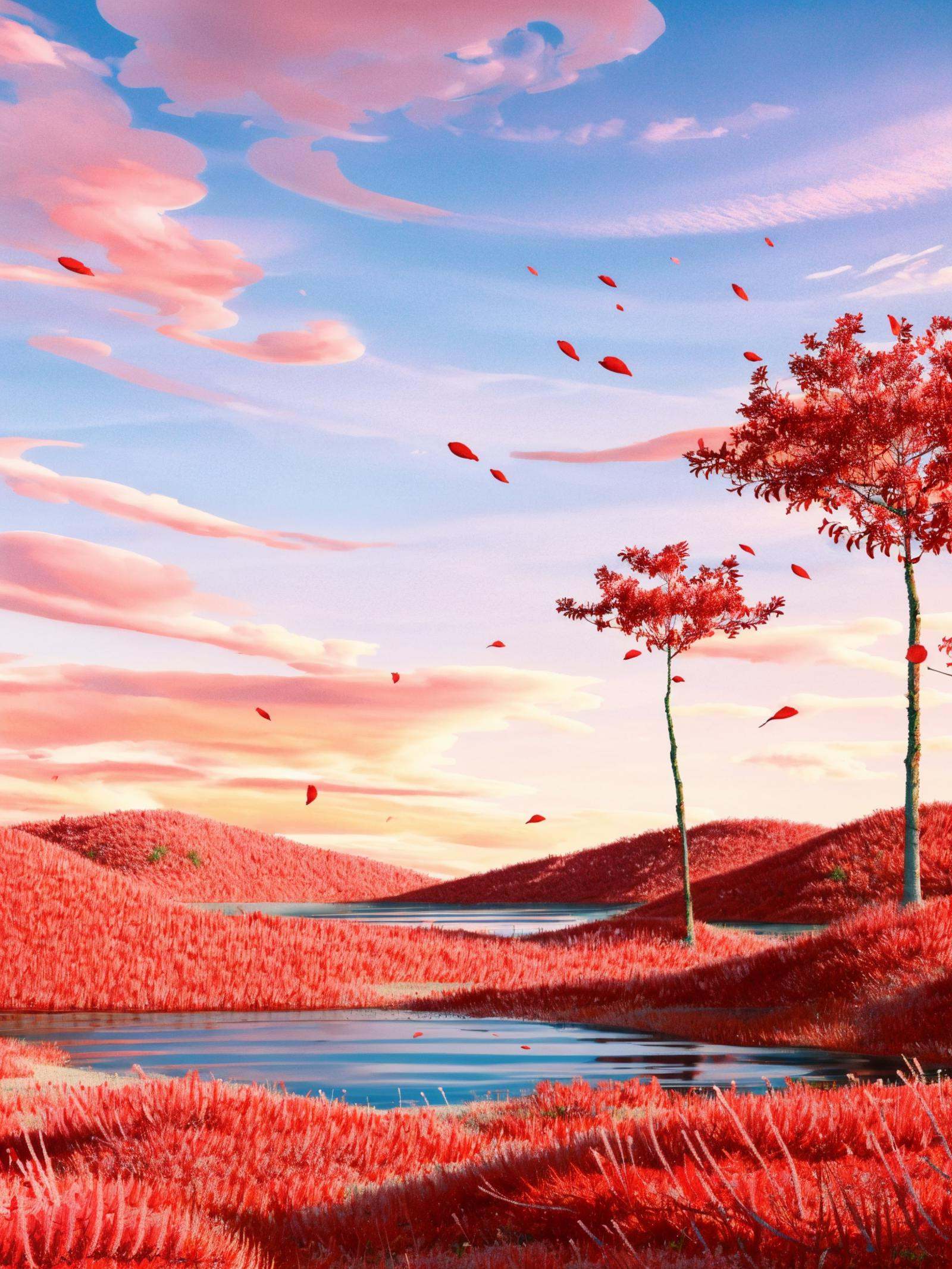 texture, HEZI, electronic mall scene, detail, rendering, tree, scenery, no humans, outdoors, sky, field, cloud, red theme, flower, leaf, petals, blue sky, grass, horizon, sunset, pink theme, reflection, flower field, spider lily, cloudy sky, landscape, nature, autumn leaves, day,<lora:电商场景-000014:0.7>,