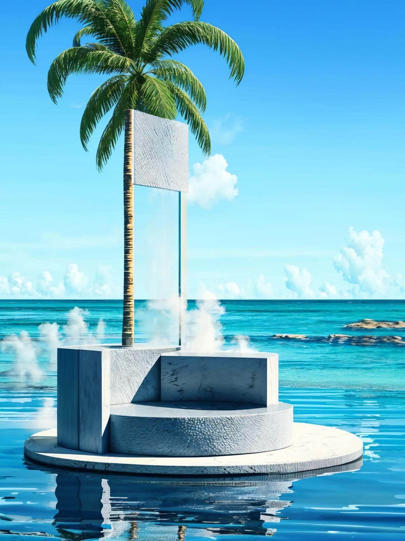 texture, HEZI, electronic mall scene, detail, rendering, no humans, tree, scenery, palm tree, sky, cloud, outdoors, blue sky, day, water, chair, ocean, reflection, plant, horizon, steam<lora:电商场景-000014:0.7>,