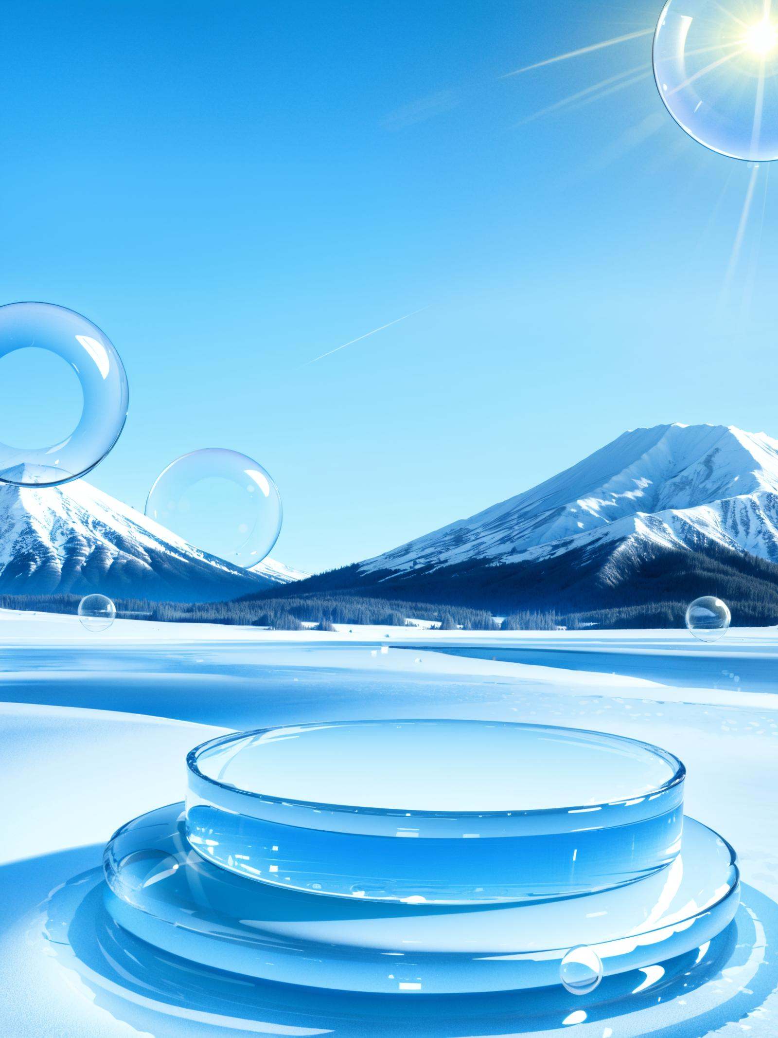 texture, HEZI, electronic mall scene, detail, rendering, no humans, cloud, sky, scenery, mountain, blue theme, reflection, water, day, sun, blue sky, bubble, outdoors, sunlight, lens flare, monochrome, still life, snow, cloudy sky,<lora:电商场景-000014:0.7>,