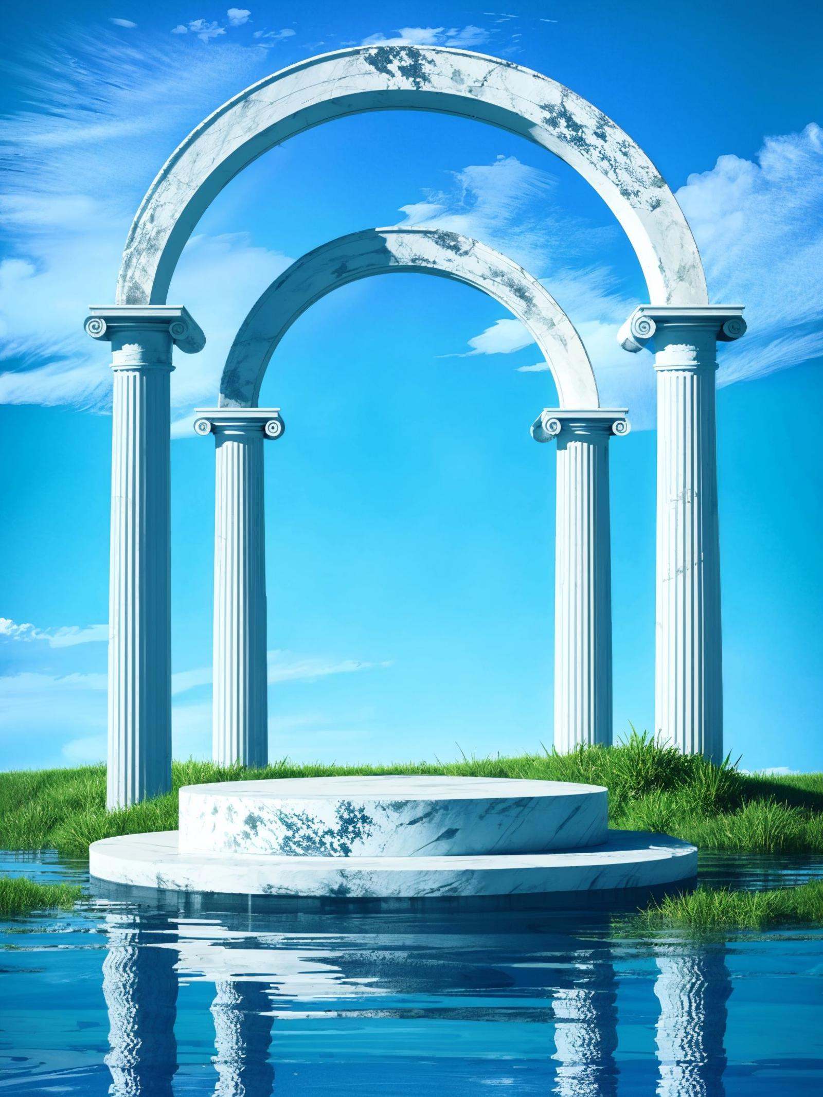 texture, HEZI, electronic mall scene, detail, rendering, no humans, scenery, pillar, water, reflection, sky, cloud, outdoors, day, plant, blue sky, column, tree, blue theme, arch, reflective water, leaf, cloudy sky,<lora:电商场景-000014:0.7>,
