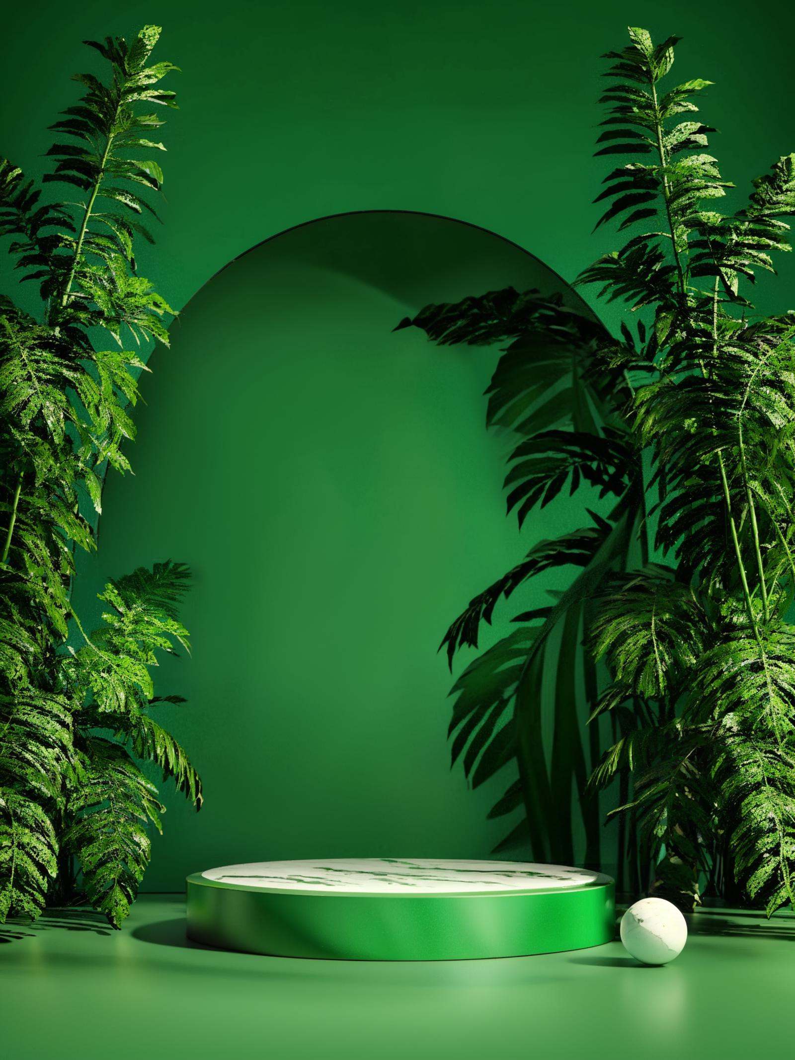 texture, HEZI, electronic mall scene, detail, rendering, plant, no humans, green theme, still life, green background, leaf, simple background, scenery, reflection, ball, shadow, vines, signature,<lora:电商场景-000014:0.7>,