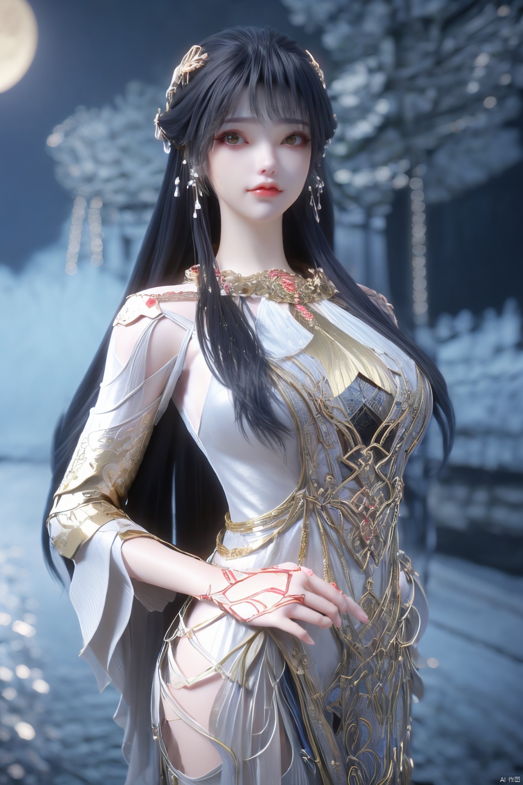(Masterpiece:1.2), best quality,1girl, looking_at_viewer,(big breasts:1.5),Xyaoye,Large aperture, blurred background, spring scene,flowers,XsimiaolingXbaiyuerong,,(Peony,full moon:1.23),