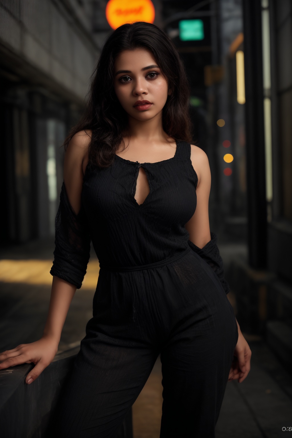 Close-up shot of a stunning woman in a sleek black jumpsuit ,  her long legs and toned arms glistening under Tron-like neo...