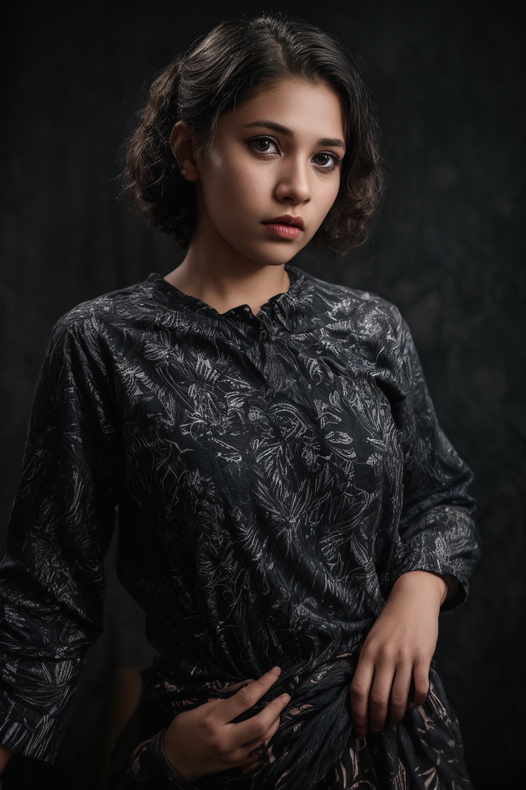 The image showcases a person with a creative hairstyle and makeup,  wearing a patterned garment. The focus is on the indiv...