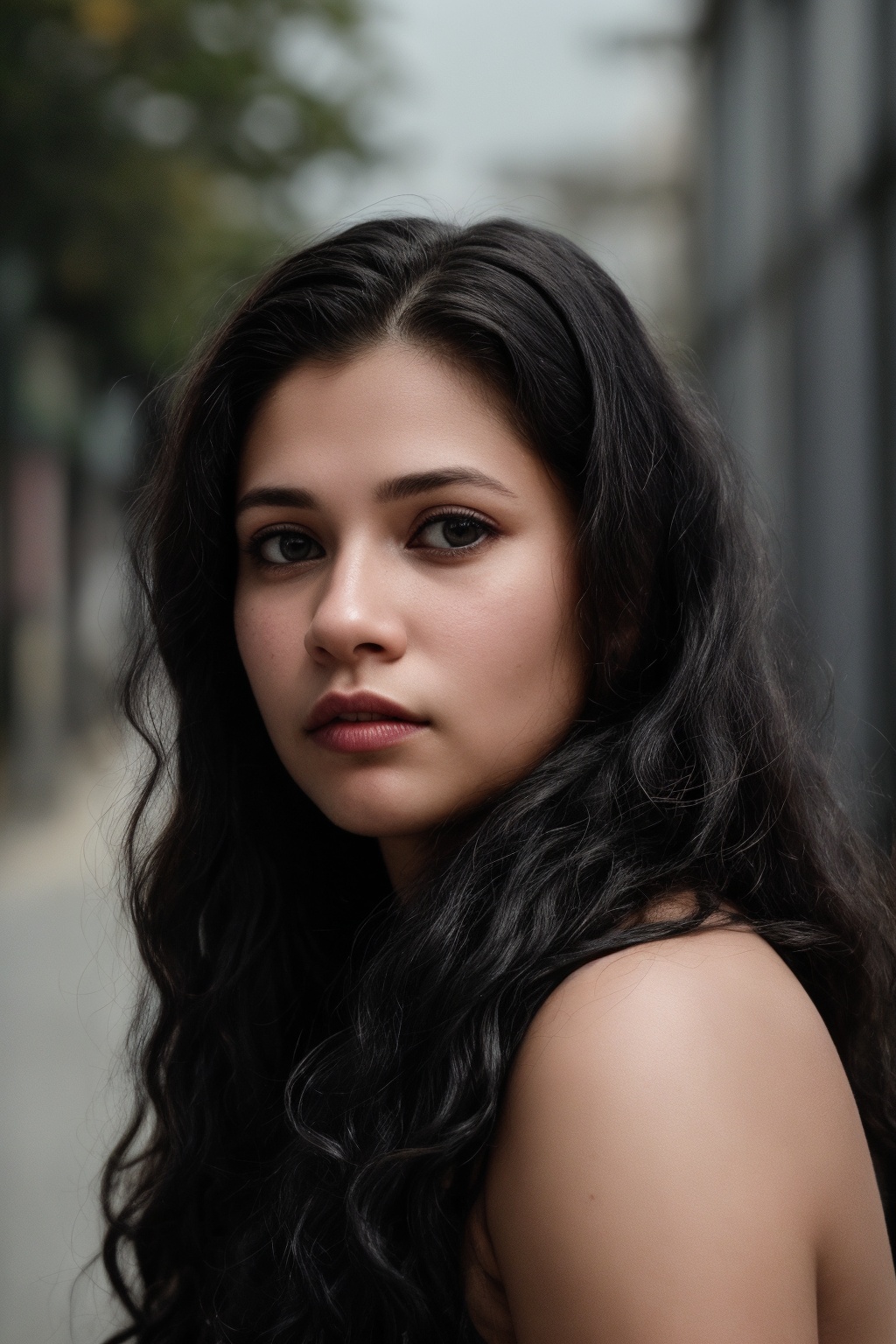 The image is a portrait of a woman,  likely taken in a professional setting given the attire and makeup. The background is...