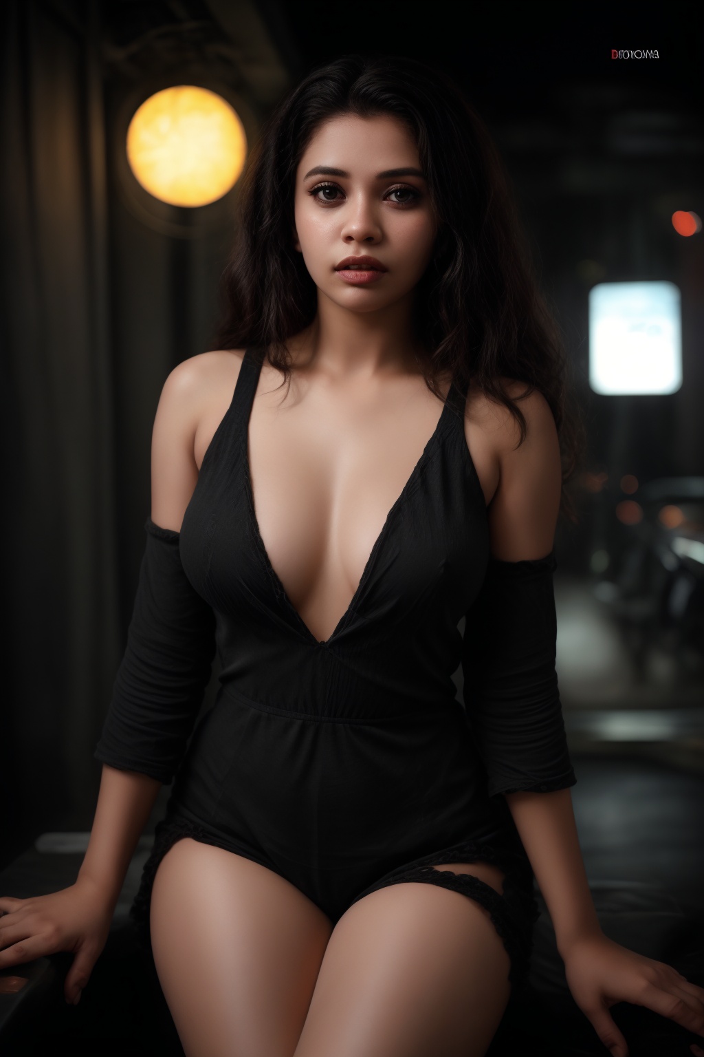 Close-up shot of a stunning woman in a sleek black jumpsuit ,  her long legs and toned arms glistening under Tron-like neo...