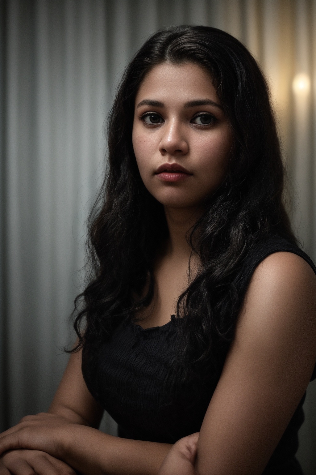 The image is a portrait of a woman,  likely taken in a professional setting given the attire and makeup. The background is...