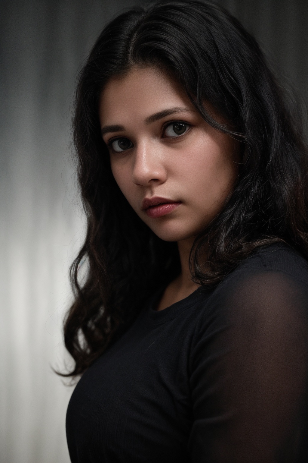 The image is a portrait of a woman,  likely taken in a professional setting given the attire and makeup. The background is...