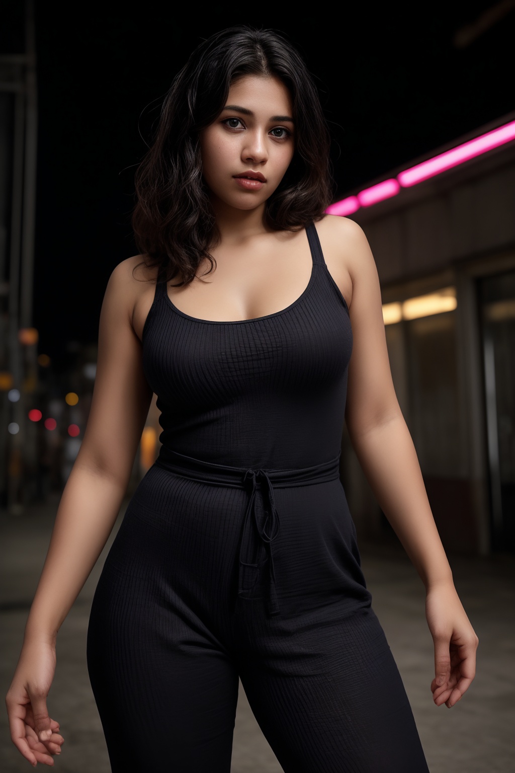 In a neon-drenched cyberpunk world,  a stunning 16-year-old woman wears a sleek black jumpsuit,  her toned arms and long l...