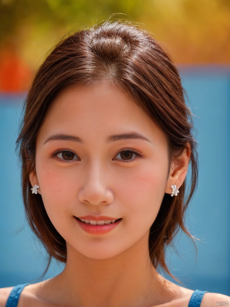 A serene young woman with luscious brown locks and warm brown eyes gazes directly at the viewer, a subtle smile playing on her closed lips. Her features are adorned with delicate jewelry, including earrings that catch the light. Framed by a stunning blue backdrop, she poses confidently, showcasing her upper body in a realistic portrait.