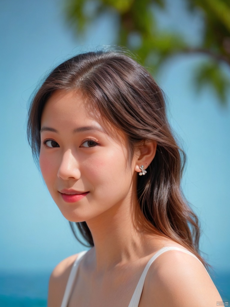 A serene young woman with luscious brown locks and warm brown eyes gazes directly at the viewer, a subtle smile playing on her closed lips. Her features are adorned with delicate jewelry, including earrings that catch the light. Framed by a stunning blue backdrop, she poses confidently, showcasing her upper body in a realistic portrait.