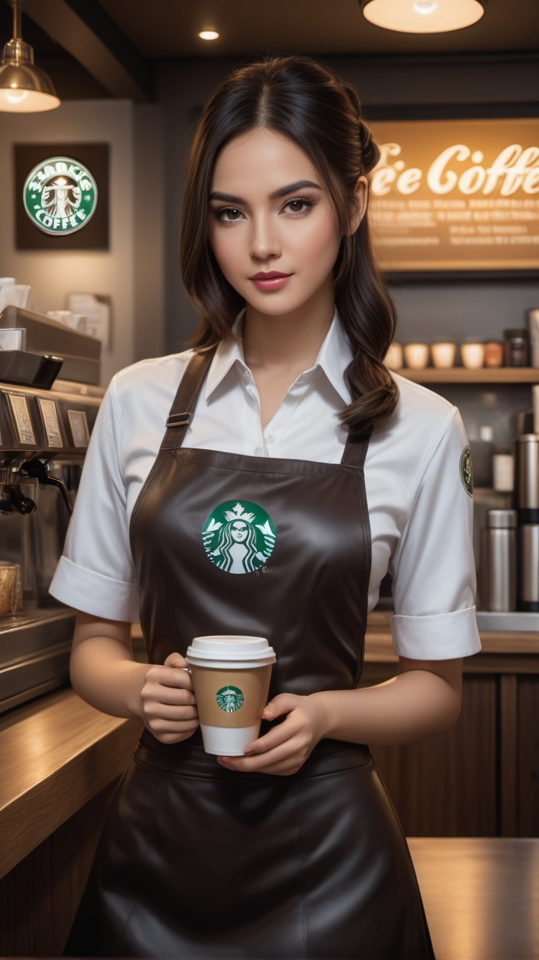 there a woman that standing in front of a counter,  With a cup of coffee in his hand,  mysterious coffee shop girl on Tens...