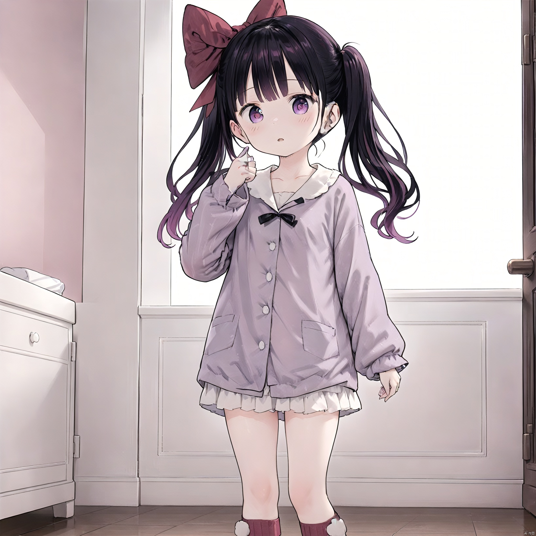(masterpiece),(best quality), 1girl, solo, purple eyes, long hair, black hair, hair bow, ribbon, twintails, standing, socks, Pajamas,