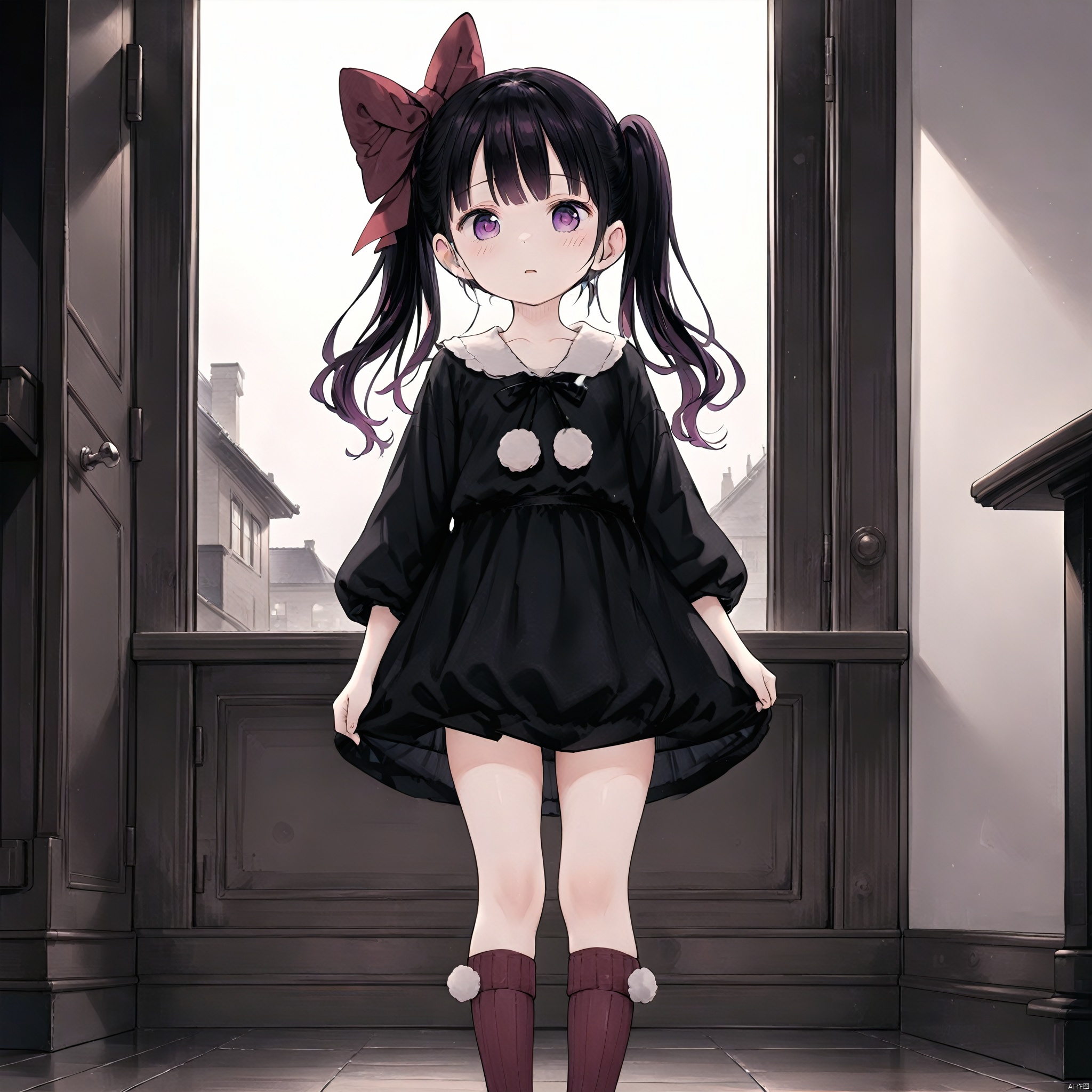 (masterpiece),(best quality), 1girl, solo, purple eyes, long hair, black hair, hair bow, ribbon, twintails, standing, socks, black dress, kneehighs,