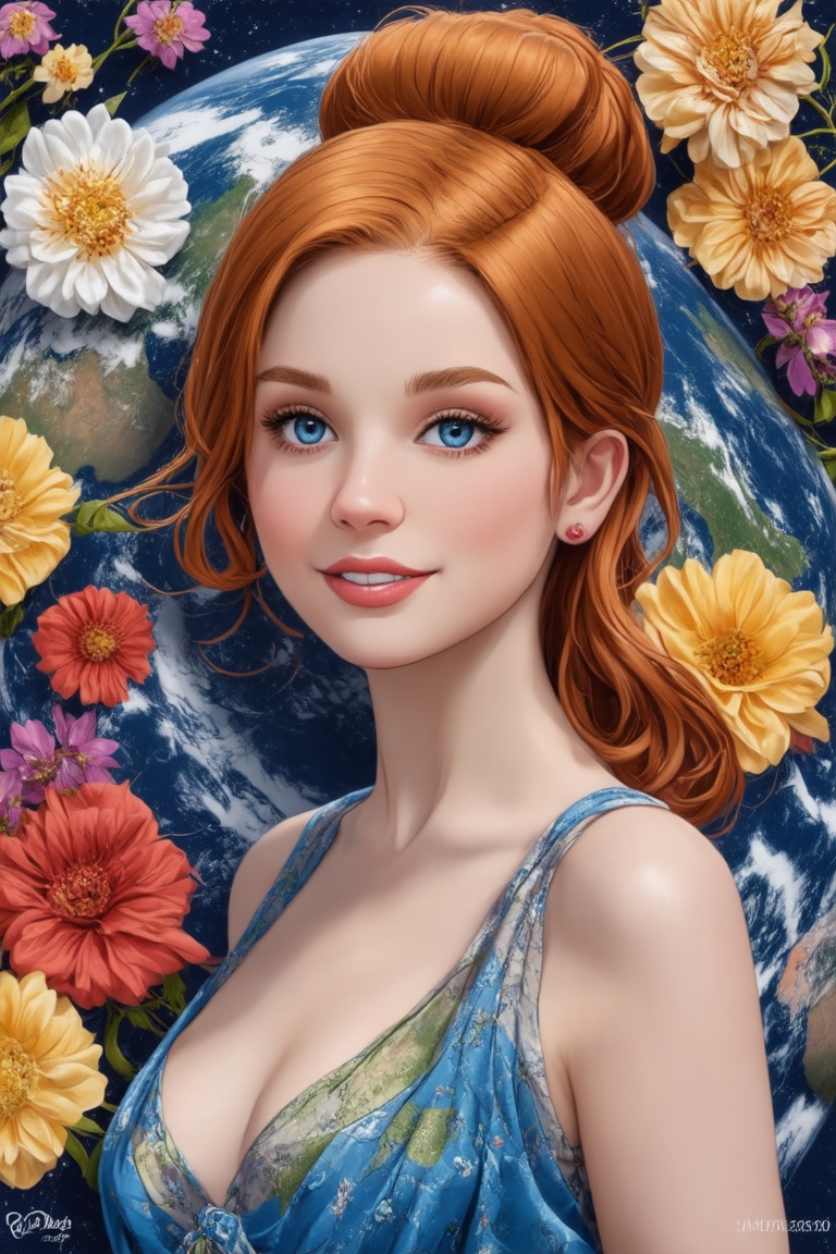 (1girl, smile, face focus, bun hair, perfect face, medium shot, gracefully, 2 different colors of petals to flowers form intricate patterns against the backdrop of the earth, reminiscent of the styles of Da Vinci), Detailed texture, High quality, High resolution, High precision, Realism, Color correction, Proper lighting settings, Harmonious composition, Behance Works,detail-rendering,Realistic Enhance,redhead,Fashion drawing