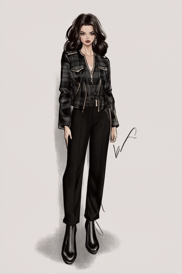 women. beautiful detailed face, black hair, pale skin, light skin, realistic skin, detailed fabric texture, detailed hair texture, perfect proportion, accurate, anatomically correct, highly detailed skin and face texture, modern, photorealistic, perfect face, hyper realism, mega realism, high quality. modern flannel, rock music style. messy hairstyle. whole body. black pants, black boots,digital art,Fashion drawing