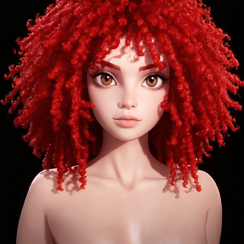 3d, detailed ilumination, | upper body, standing, solo, | crimson hair, fluffy hair, looking at viewer, beautiful eyes, hazel eyes, | (black background, simple background),