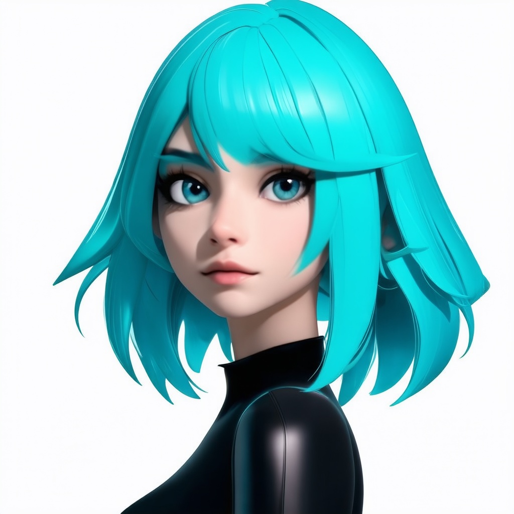 3d, detailed ilumination, | upper body, standing, solo, | aqua hair, short hair, looking at viewer, beautiful eyes, ocean eyes, | (white background, simple background),