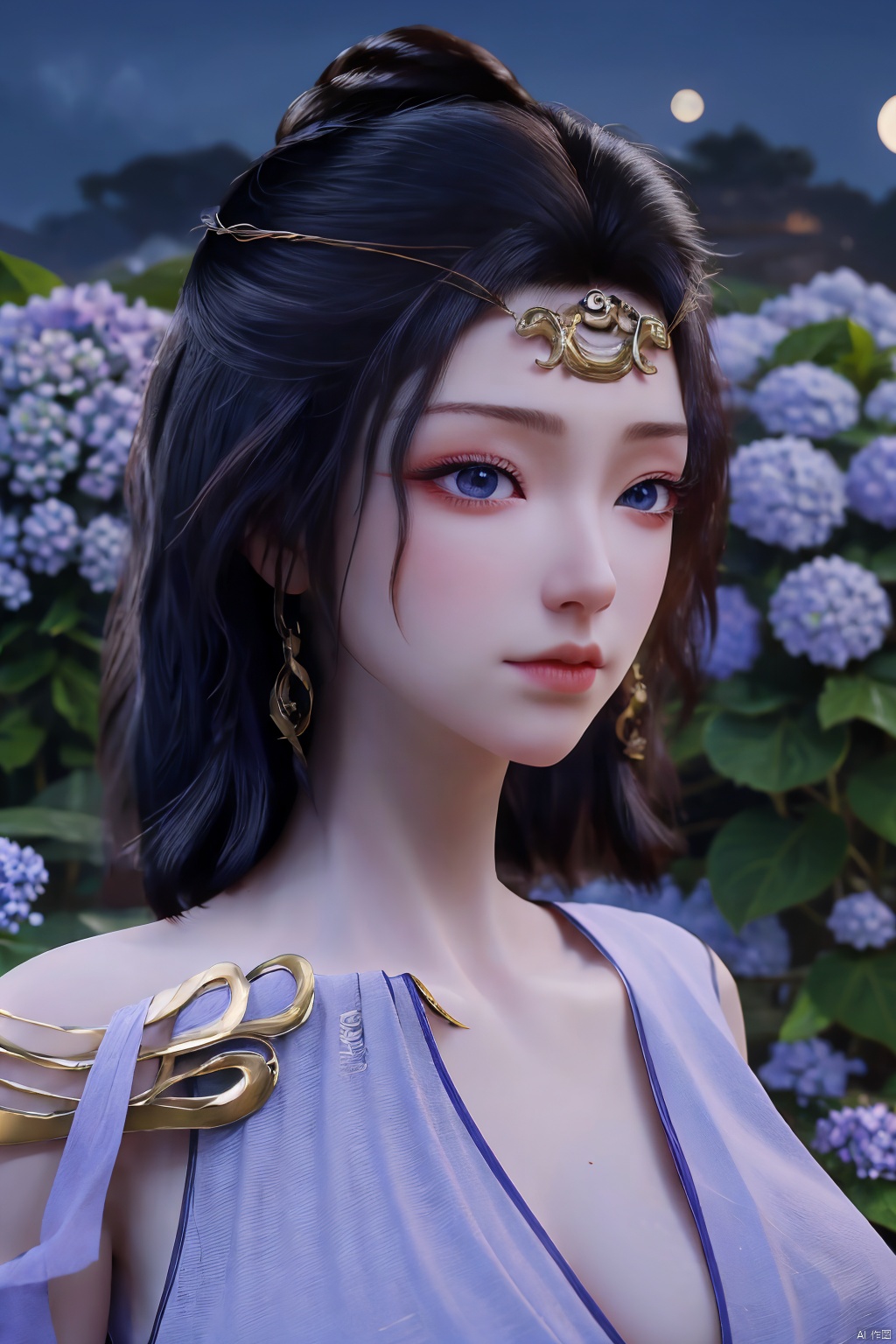(Masterpiece:1.2), best quality,1girl,blue eyes,long white hair,silver crown,armor,headwear,gufeng,half body photo,petal,real,photo realistic,highly detailed,(masterpiece),(high quality),best quality,super detailed,full detail,4k,8k,(big breasts:1.5),X-Hydrangea,(full moon,Hydrangea:1.29),Xwensiyue