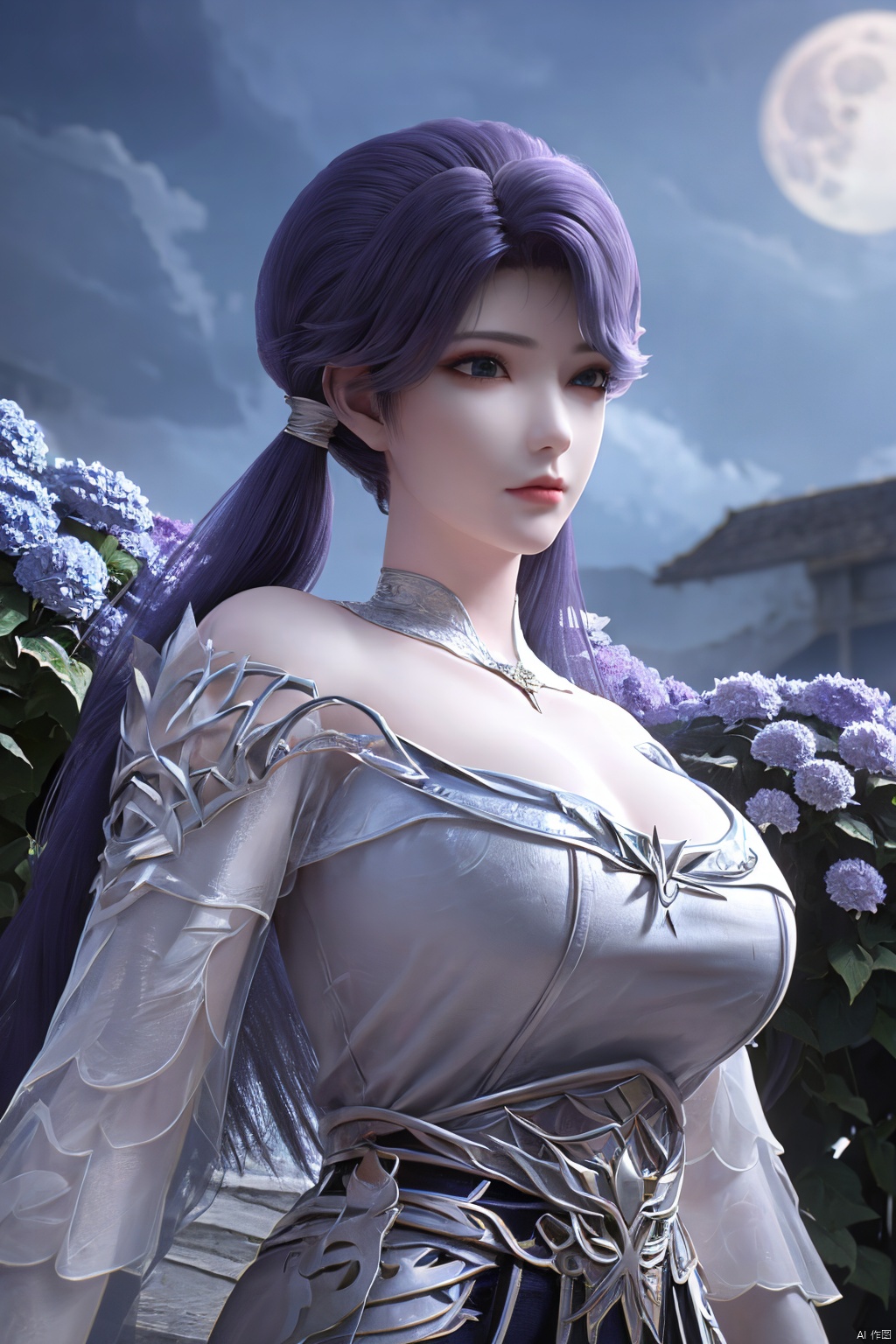 (Masterpiece:1.2), best quality,1girl,blue eyes,long white hair,silver crown,armor,headwear,gufeng,half body photo,petal,real,photo realistic,highly detailed,(masterpiece),(high quality),best quality,super detailed,full detail,4k,8k,(big breasts:1.5),X-Hydrangea,(full moon,Hydrangea:1.29),Xluoyan