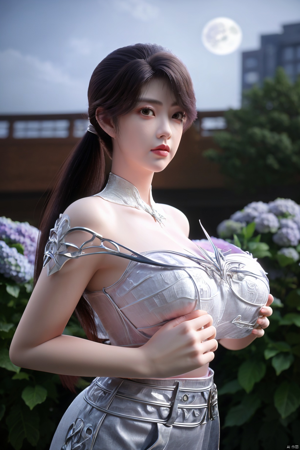 (Masterpiece:1.2), best quality,1girl,headwear,gufeng,petal,real,photo realistic,highly detailed,(masterpiece),(high quality),best quality,super detailed,full detail,4k,8k,(big breasts:1.59),X-Hydrangea,(full moon,Hydrangea:1.29),,X-Hydrangea,,Xluoyan