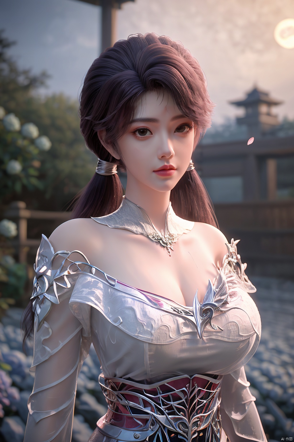 (Masterpiece:1.2), best quality,1girl,headwear,gufeng,petal,real,photo realistic,highly detailed,(masterpiece),(high quality),best quality,super detailed,full detail,4k,8k,(big breasts:1.59),X-Hydrangea,(full moon,Hydrangea:1.29),,X-Hydrangea,,Xluoyan