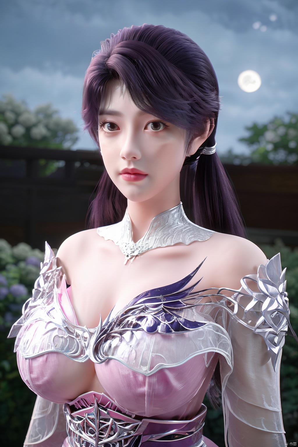 (Masterpiece:1.2), best quality,1girl,headwear,gufeng,petal,real,photo realistic,highly detailed,(masterpiece),(high quality),best quality,super detailed,full detail,4k,8k,(big breasts:1.59),X-Hydrangea,(full moon,Hydrangea:1.29),,X-Hydrangea,,Xluoyan