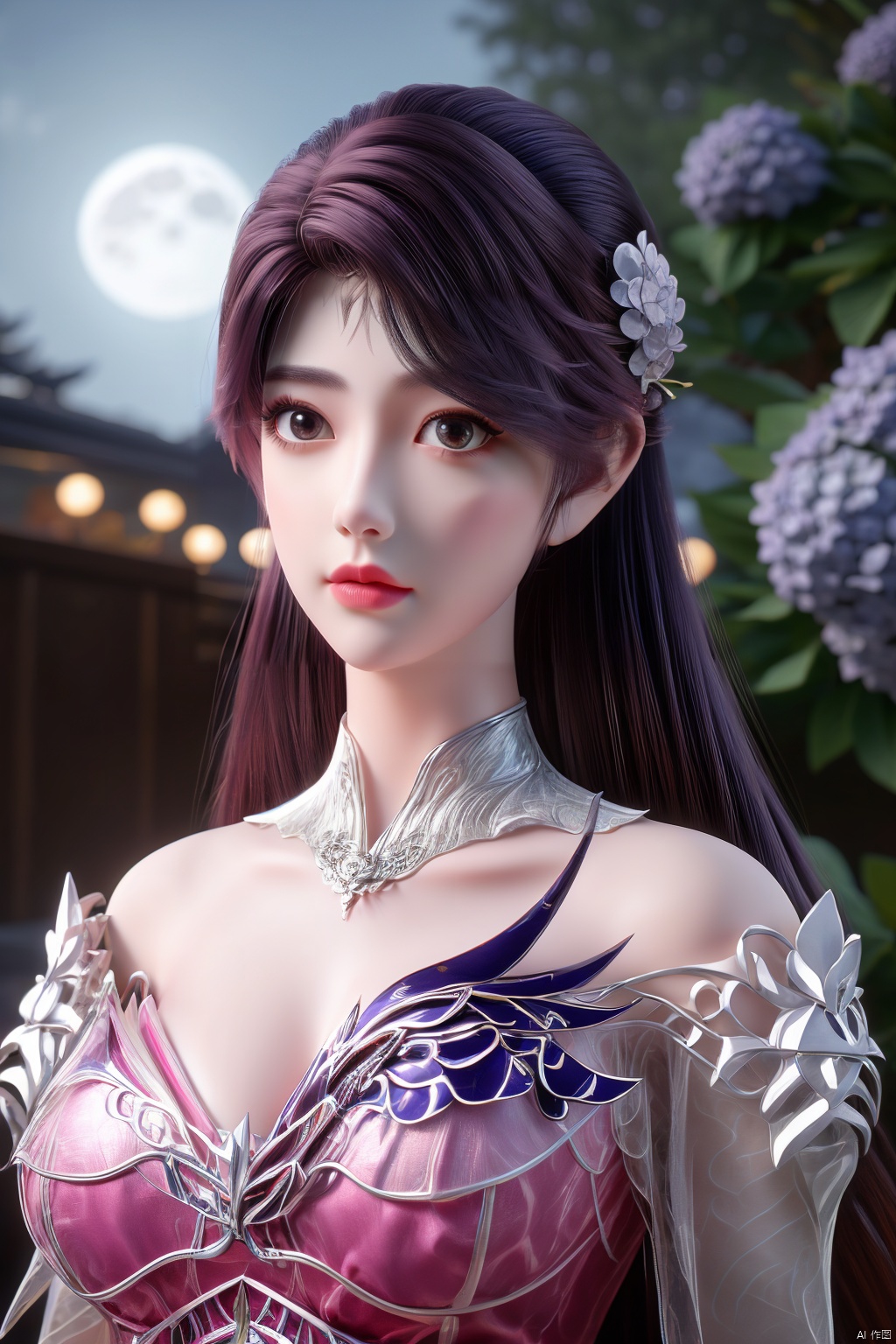 (Masterpiece:1.2), best quality,1girl,headwear,gufeng,petal,real,photo realistic,highly detailed,(masterpiece),(high quality),best quality,super detailed,full detail,4k,8k,(big breasts:1.59),X-Hydrangea,(full moon,Hydrangea:1.29),,X-Hydrangea,,Xluoyan