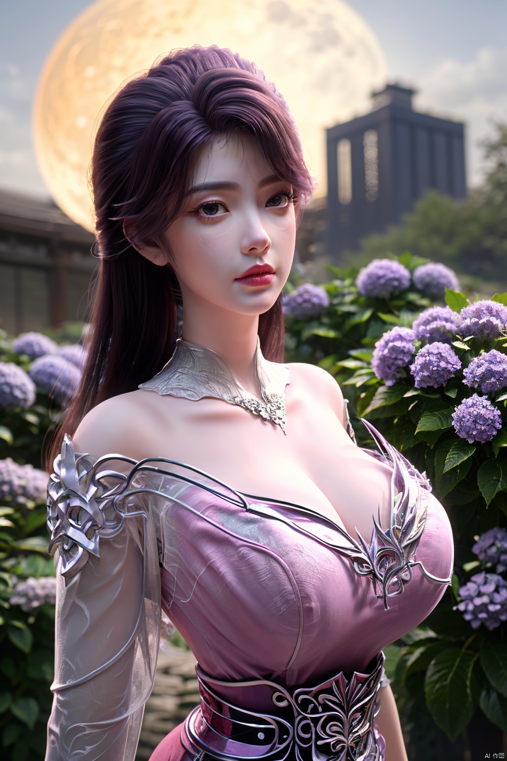 (Masterpiece:1.2), best quality,1girl,headwear,gufeng,petal,real,photo realistic,highly detailed,(masterpiece),(high quality),best quality,super detailed,full detail,4k,8k,(big breasts:1.59),X-Hydrangea,(full moon,Hydrangea:1.29),,X-Hydrangea,,Xluoyan