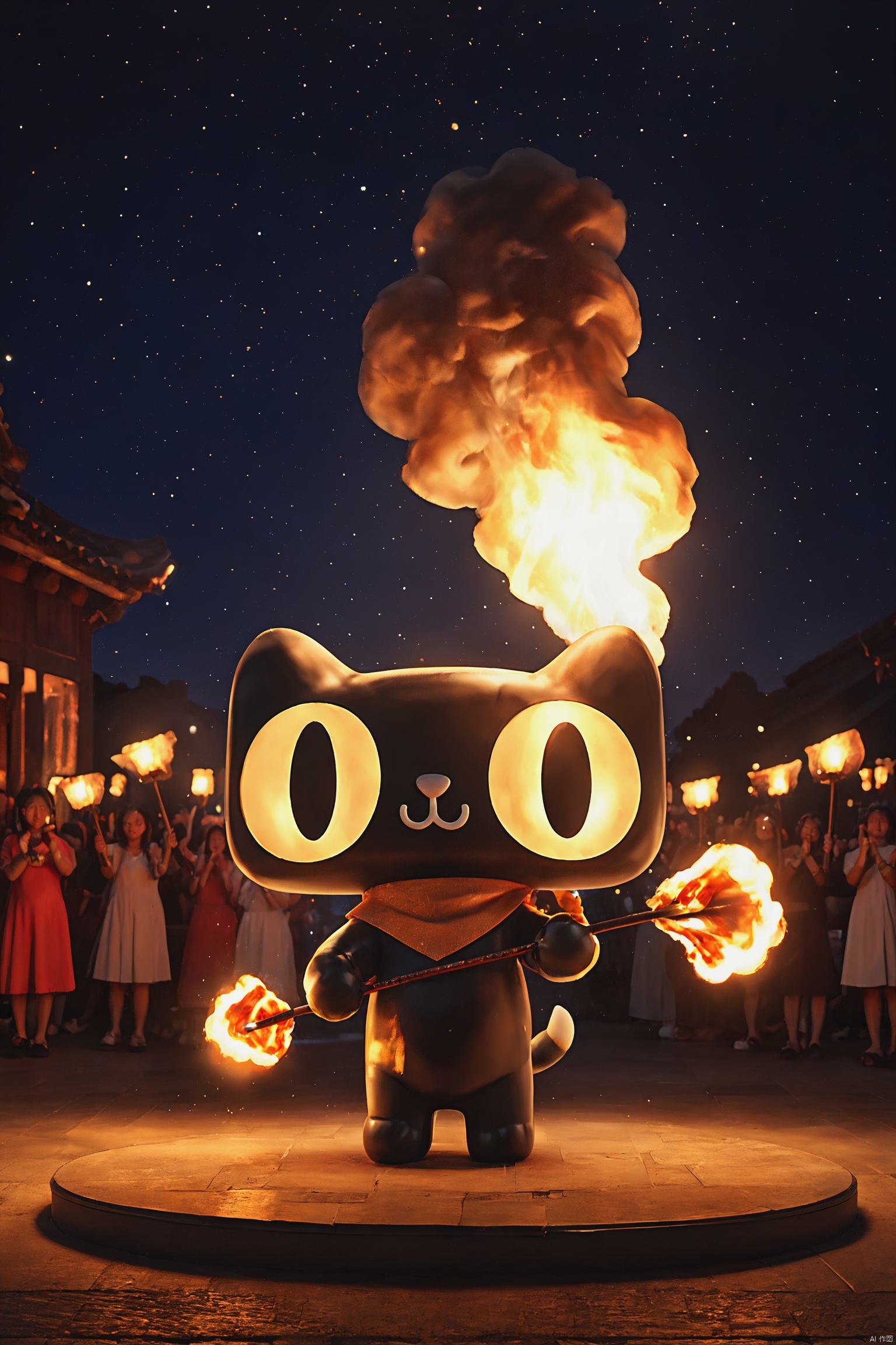 (masterpiece),(best quality),ultra detailed,hdr A cat holding a fire stick,HUOHU art,fire,Black background,at night,